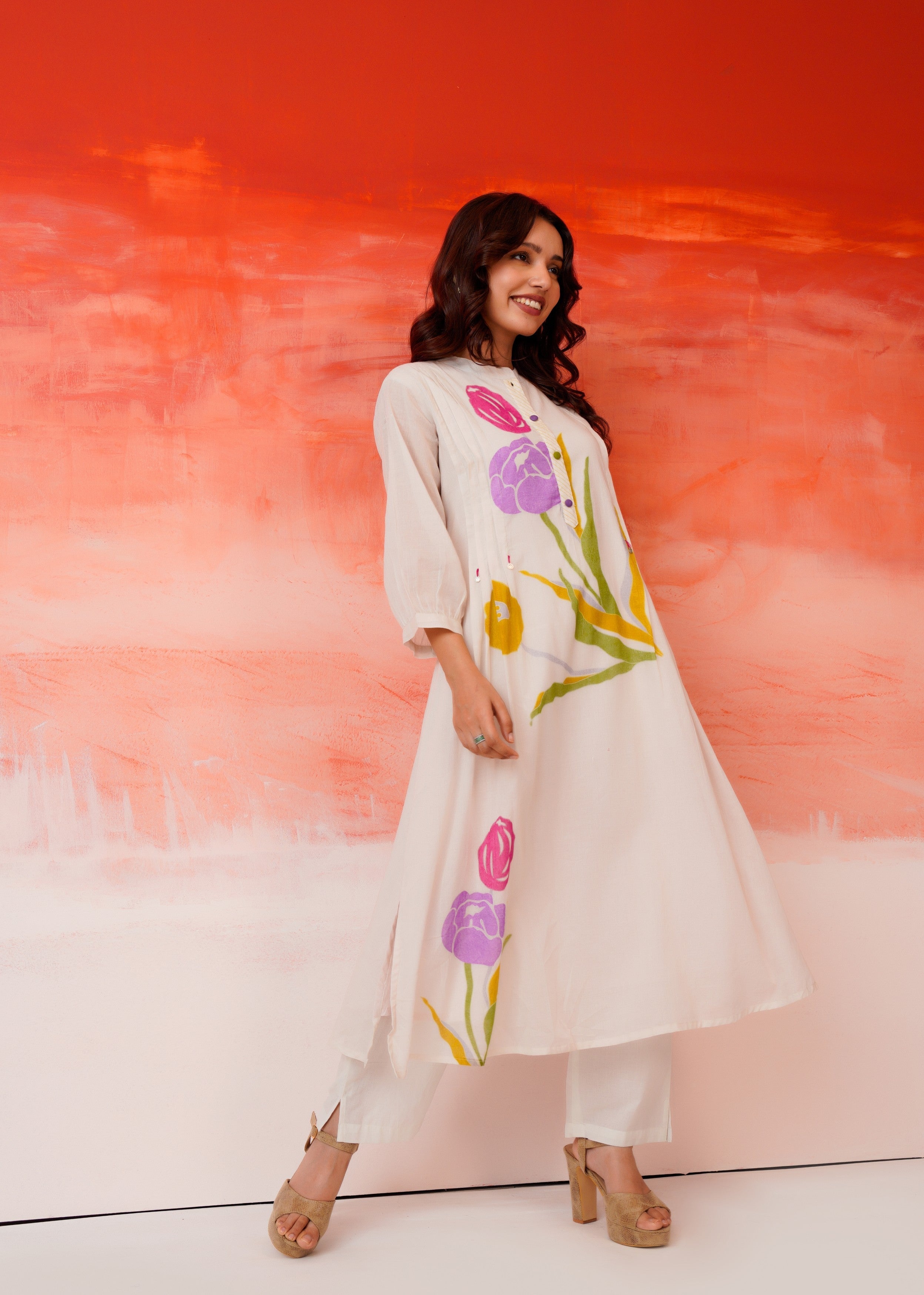 Off-White Tulip Printed Mul Cotton Kurta Set