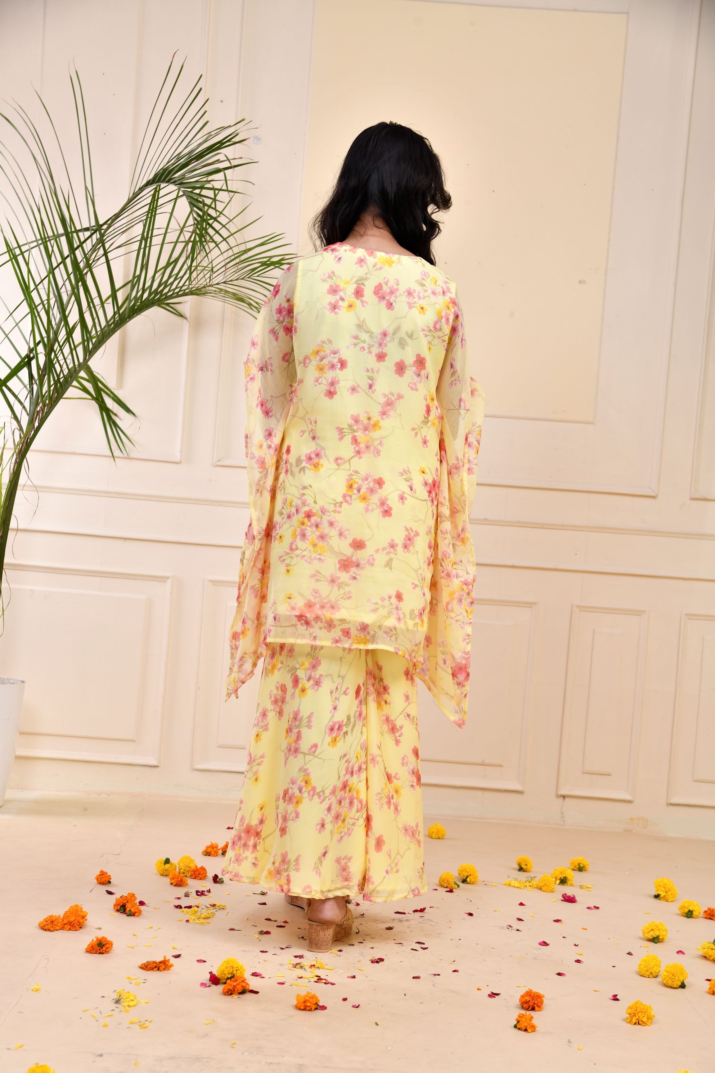 Yellow Floral Printed Premium Silk Kaftan Set