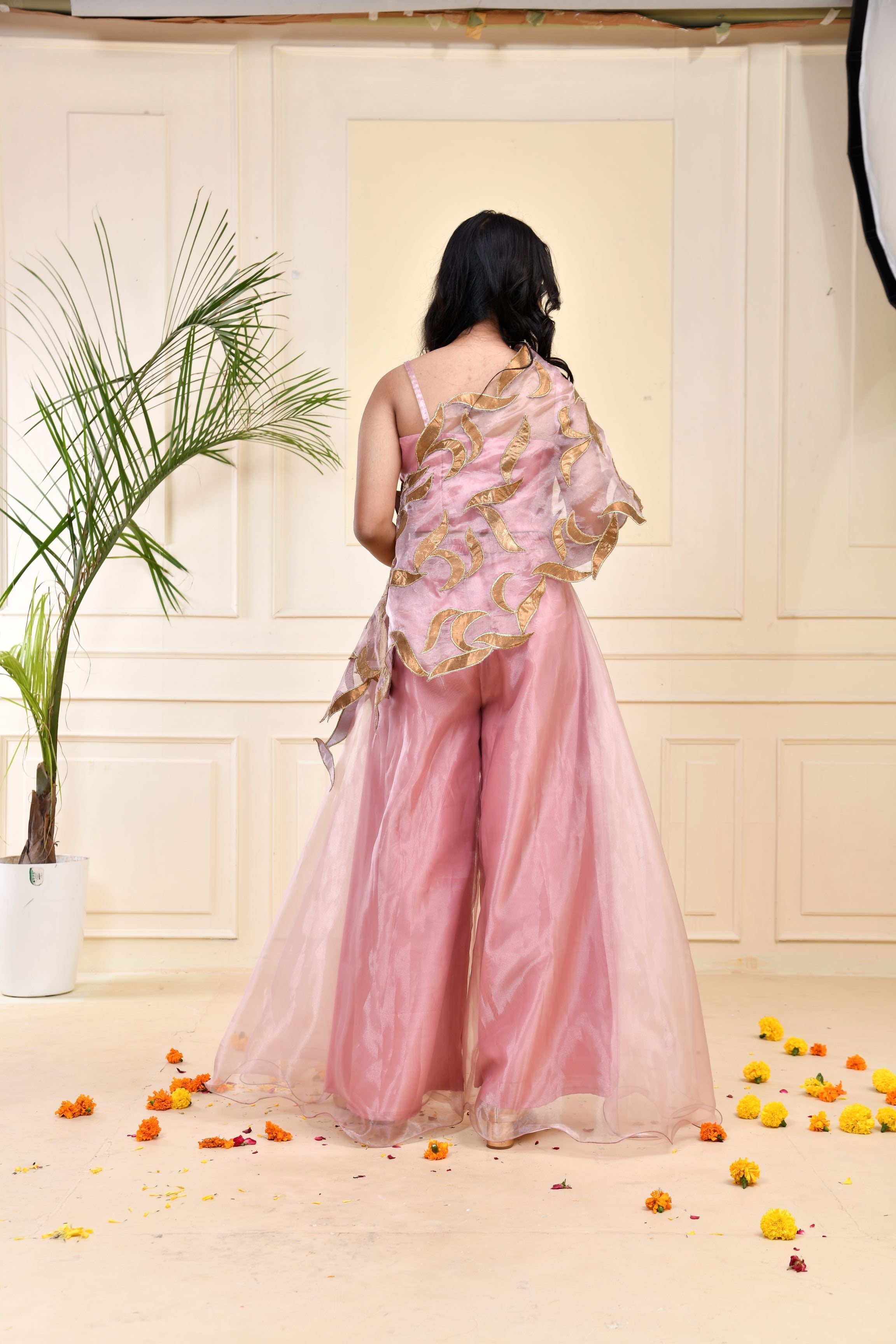 Glam Pink Embellished Organza Silk Cape Set