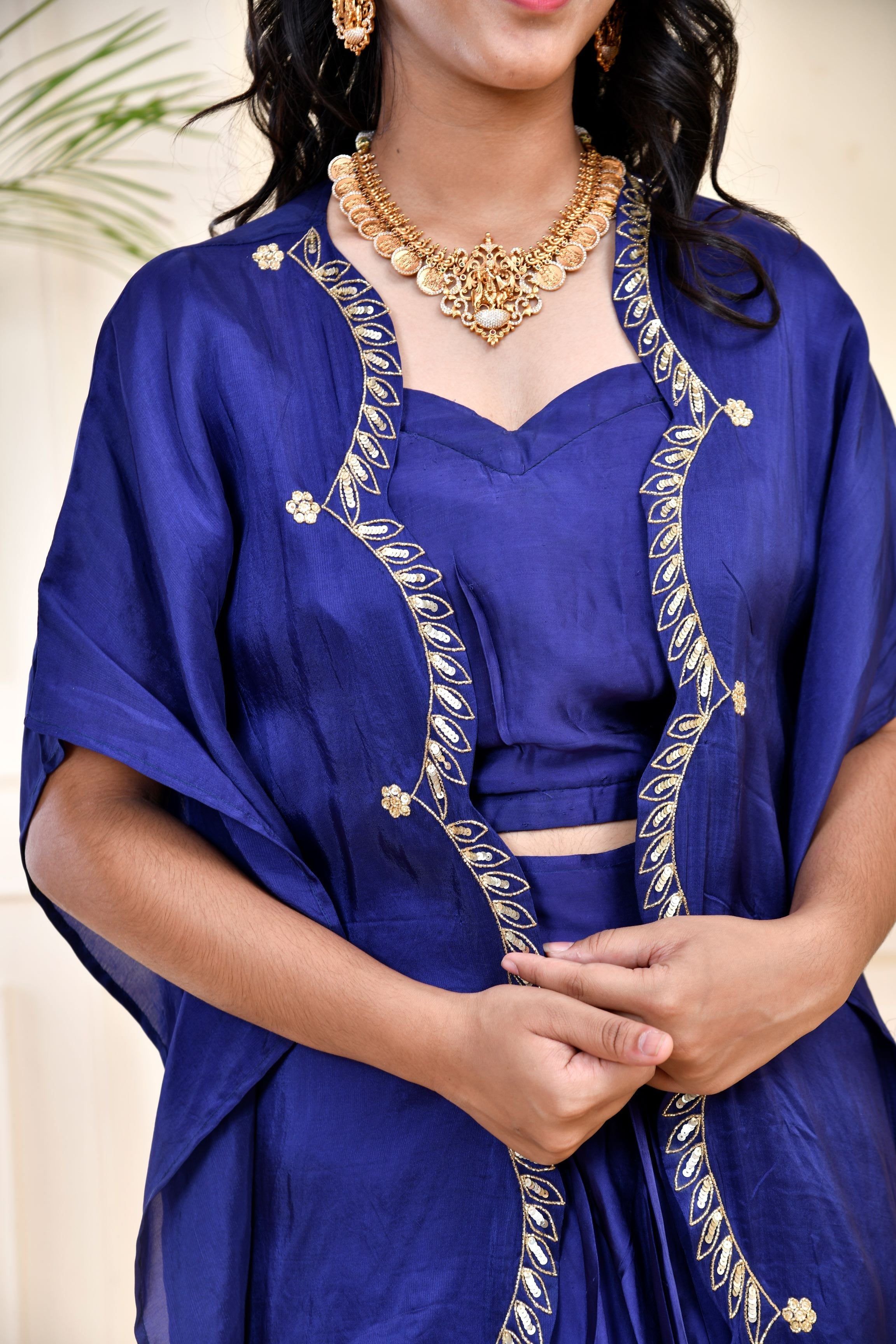 Blue Embellished Premium Silk Skirt Set