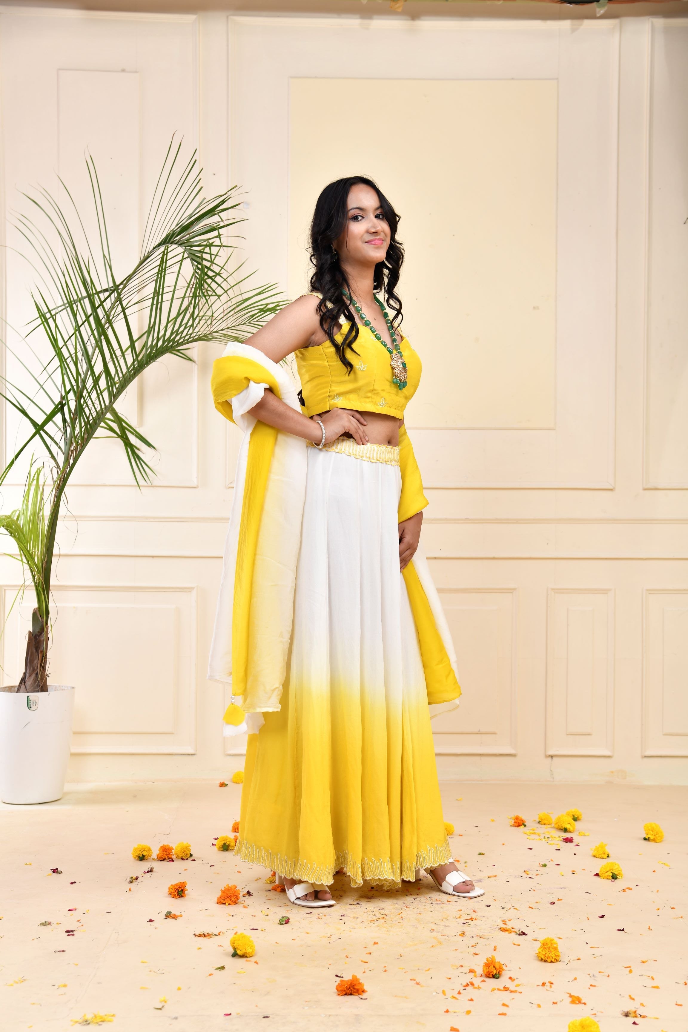 Yellow Ombre-Dyed Georgette Silk Lehenga Set