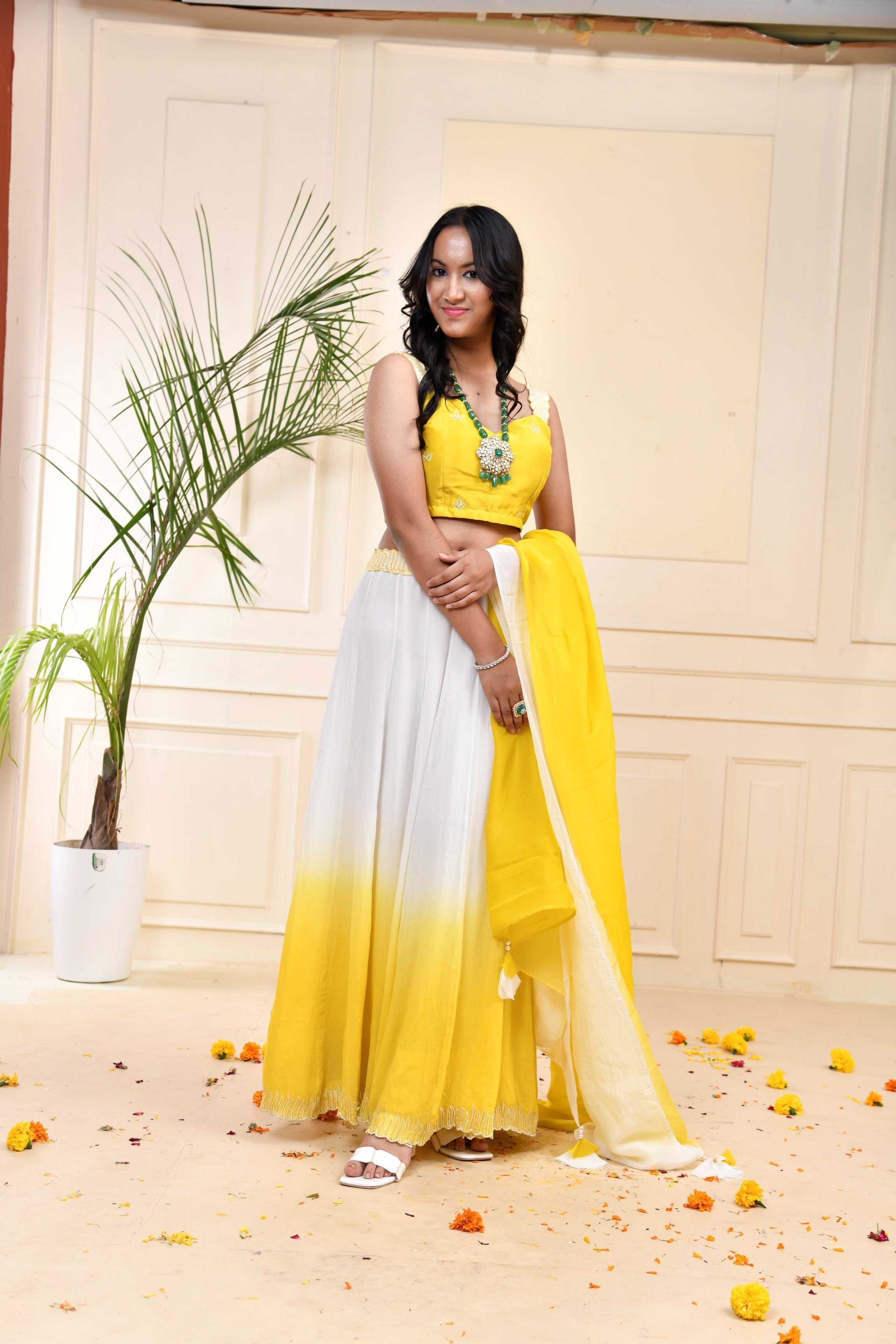 Yellow Ombre-Dyed Georgette Silk Lehenga Set