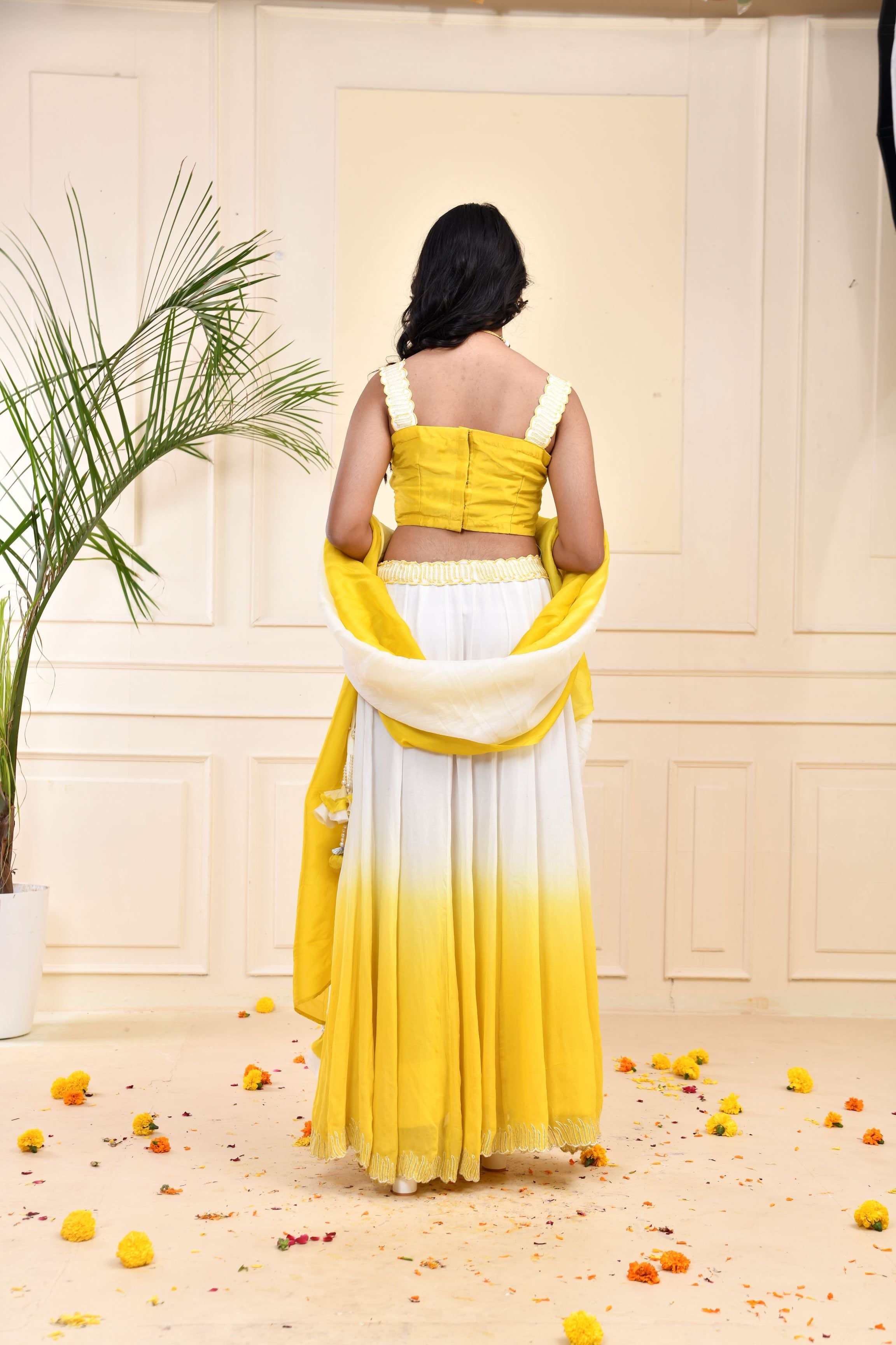 Yellow Ombre-Dyed Georgette Silk Lehenga Set