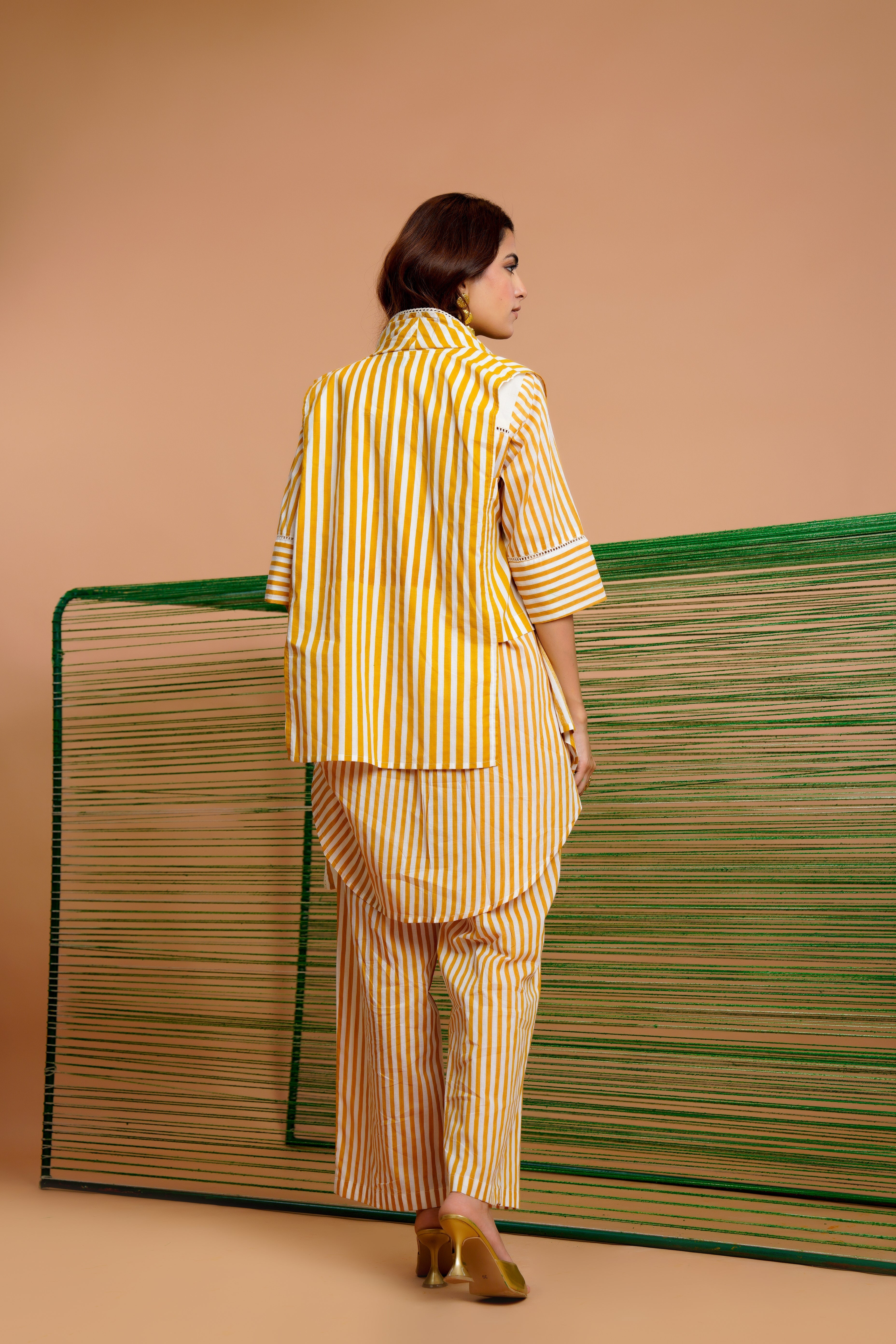 Ochre Stripe Embellished Mul Chanderi Co-Ord Set