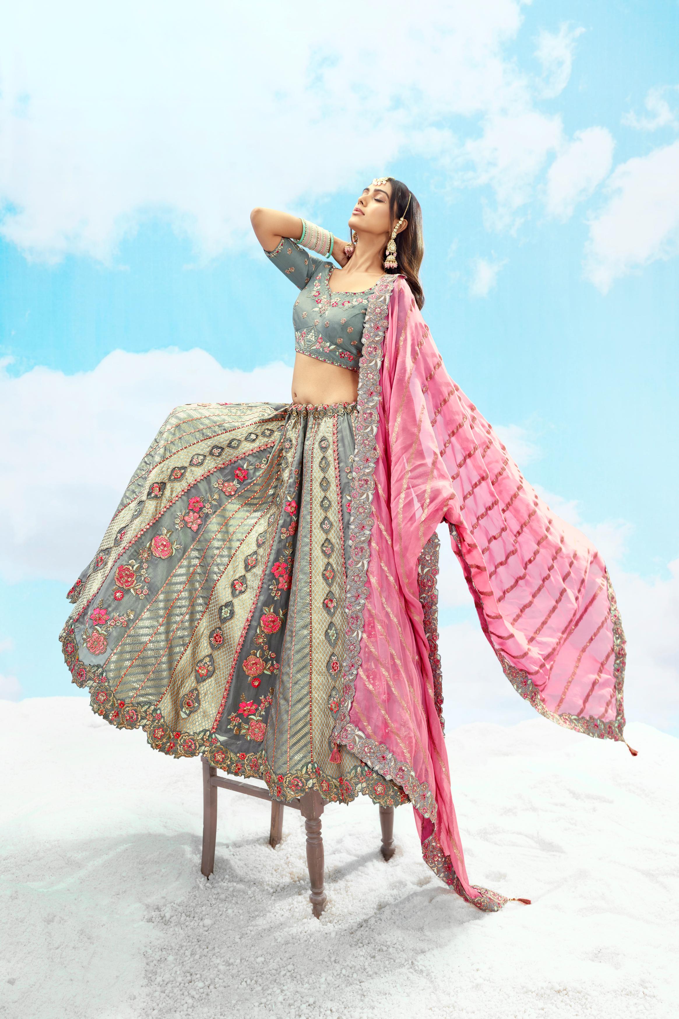 Grey Handwork Premium Organza Silk Lehenga Set