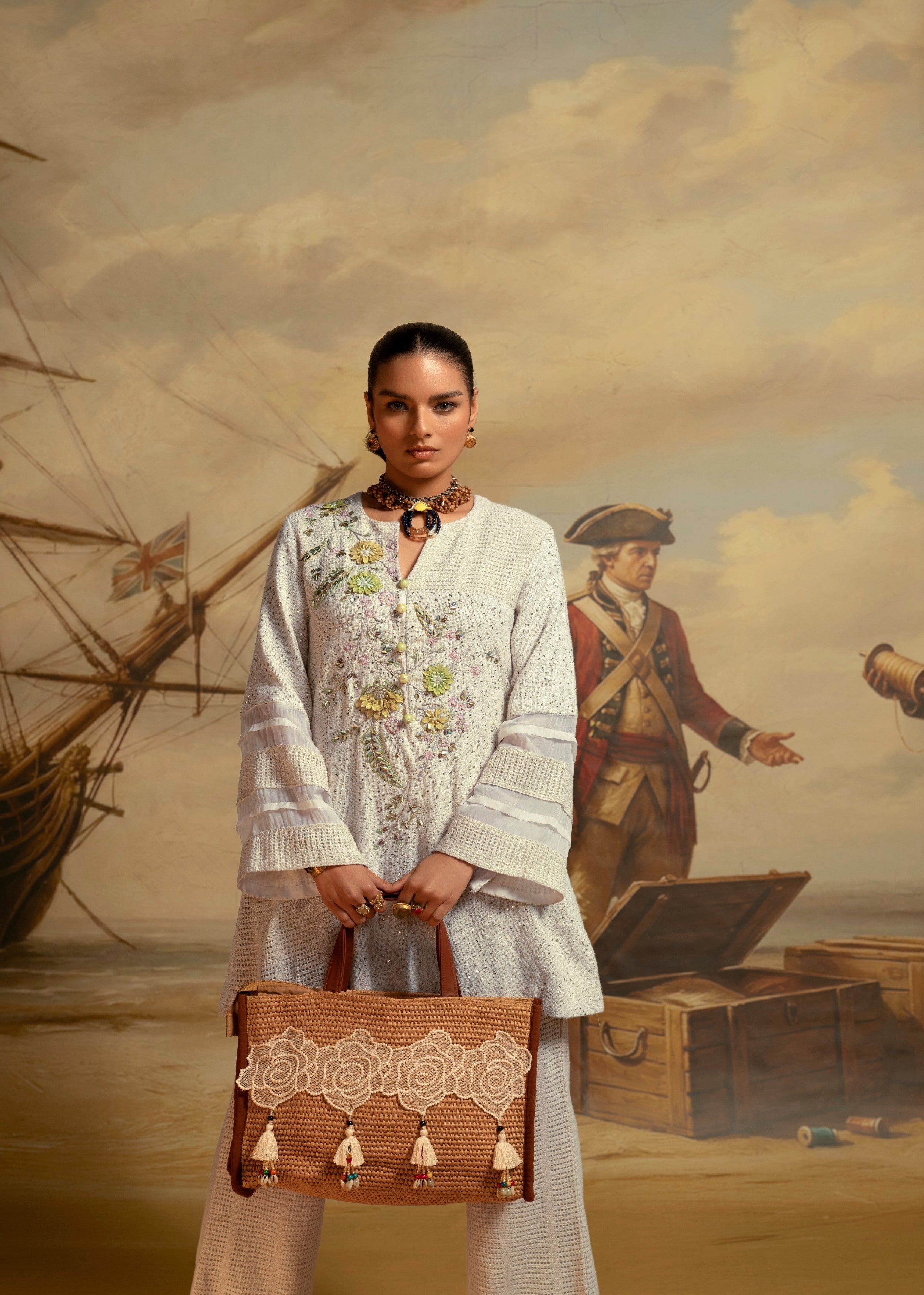 Cream Embroidered Jute Co-ord Set