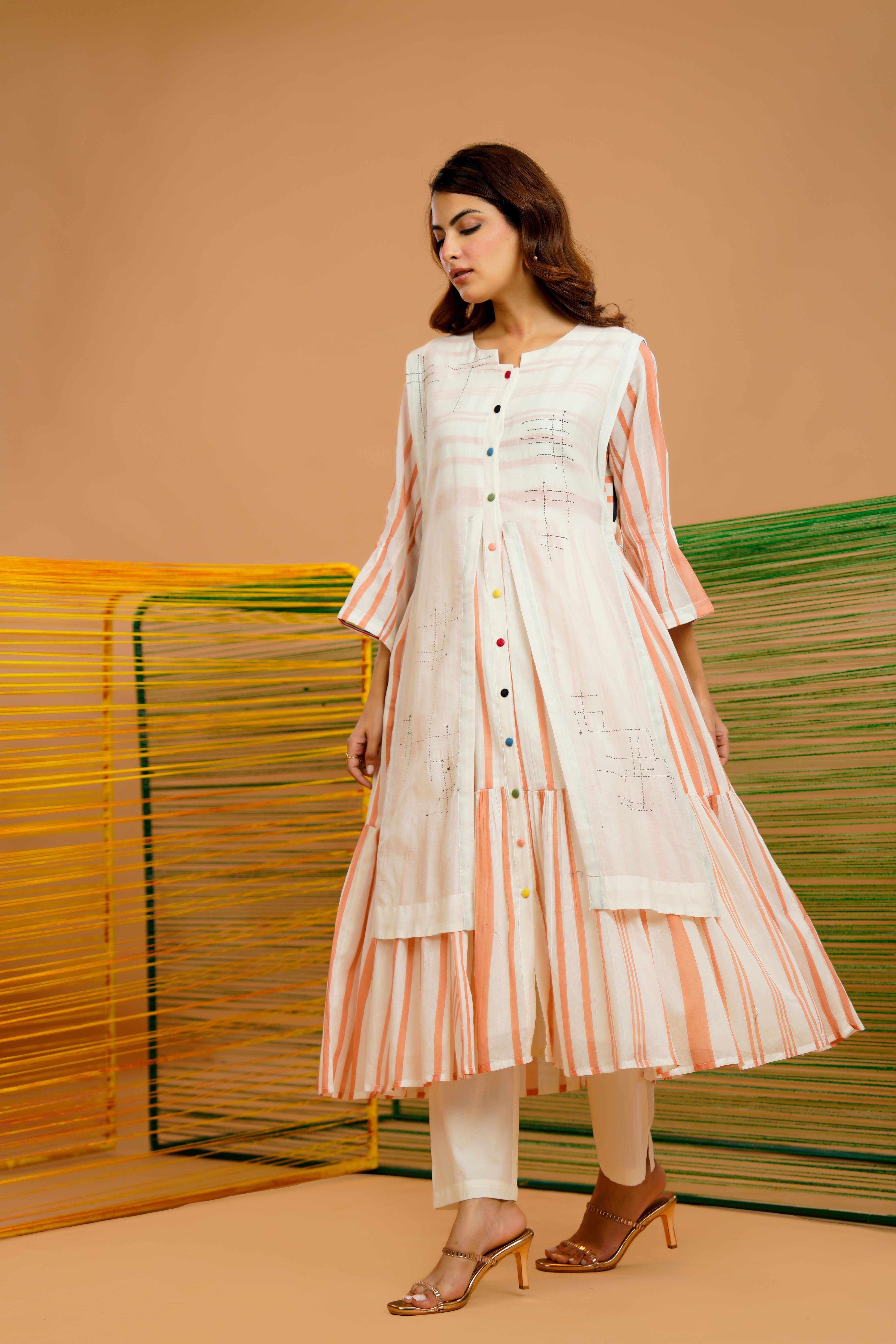Rust-Stripe Printed Cotton Kurta Set