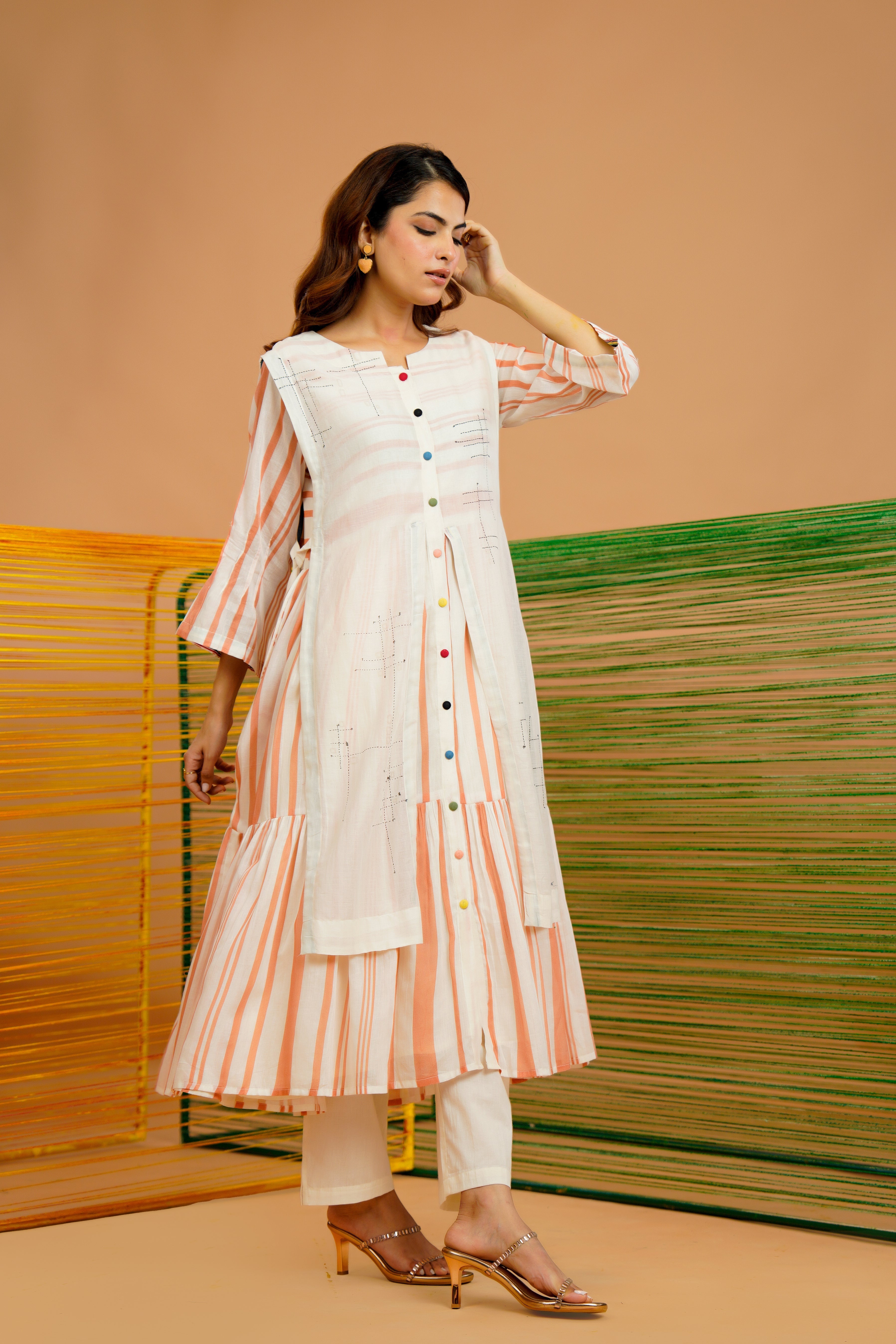 Rust-Stripe Printed Cotton Kurta Set