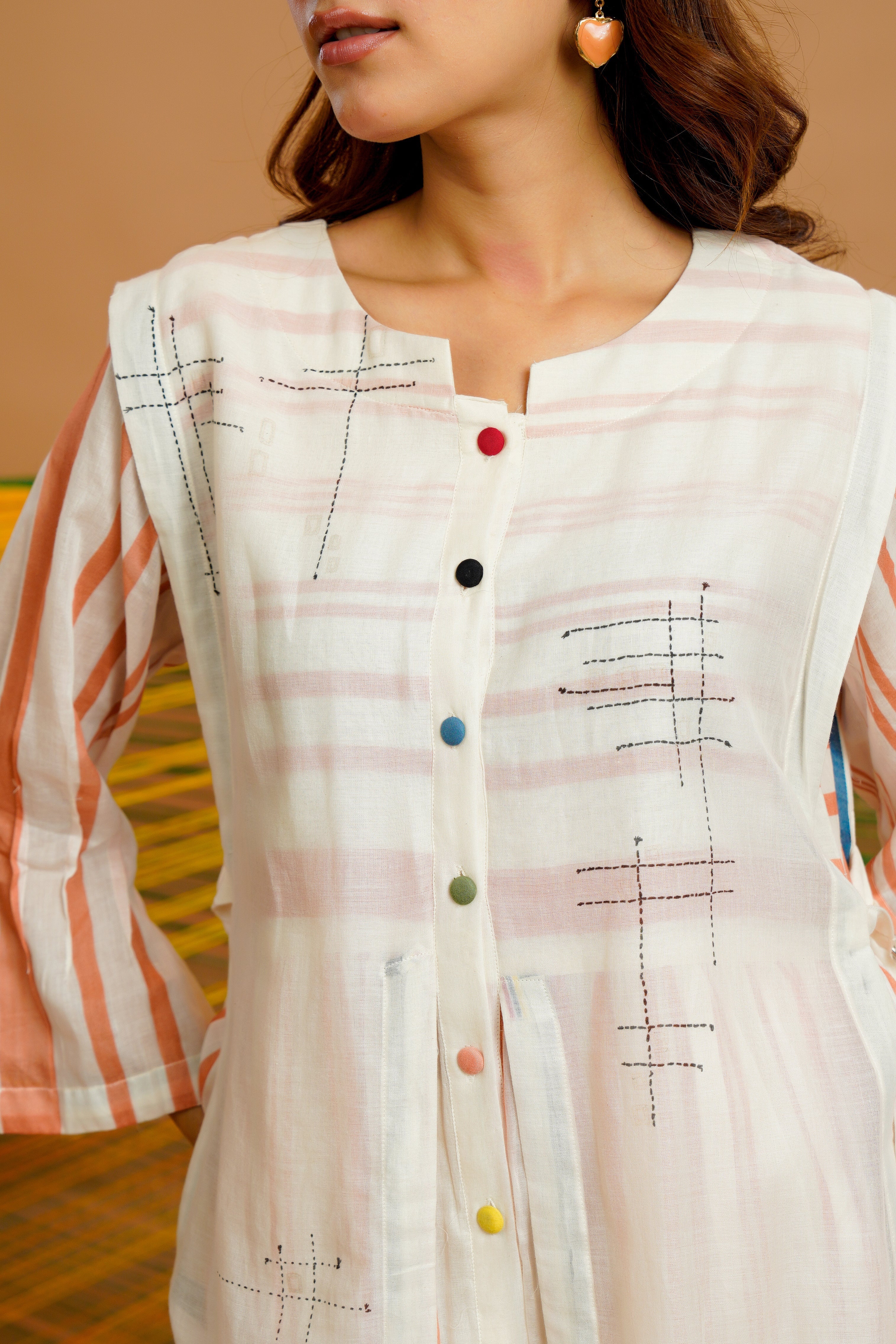 Rust-Stripe Printed Cotton Kurta Set