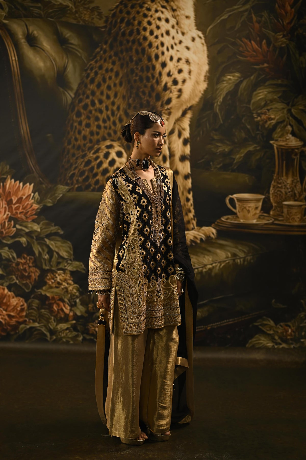 Gold Noir Embellished Tissue Banarasi Silk Kurta Set