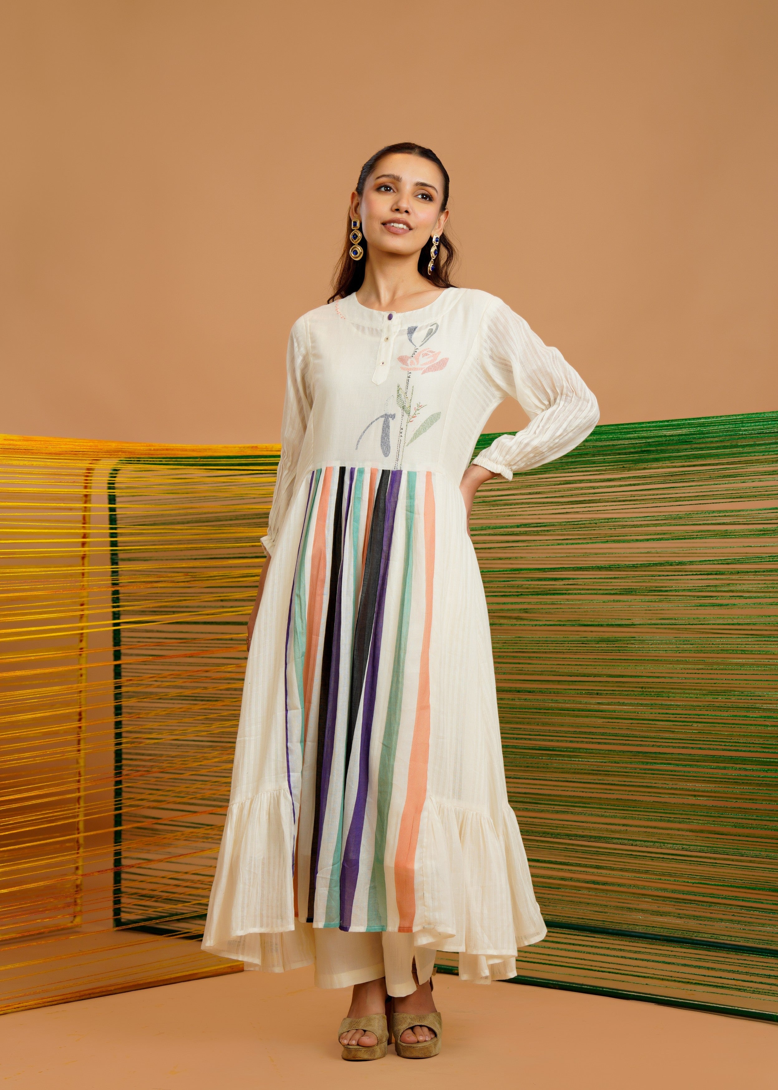 Ivory Multi-Stripe Printed Cotton Kurta Set
