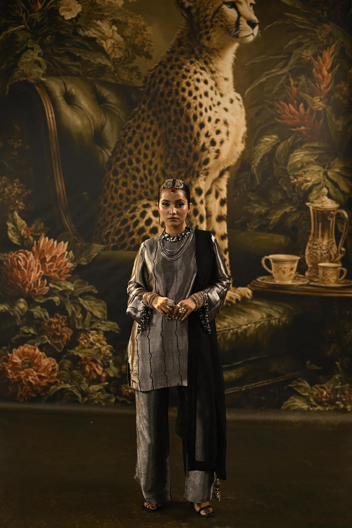 Silver Grey Embellished Banarasi Brocade Silk Pant Set