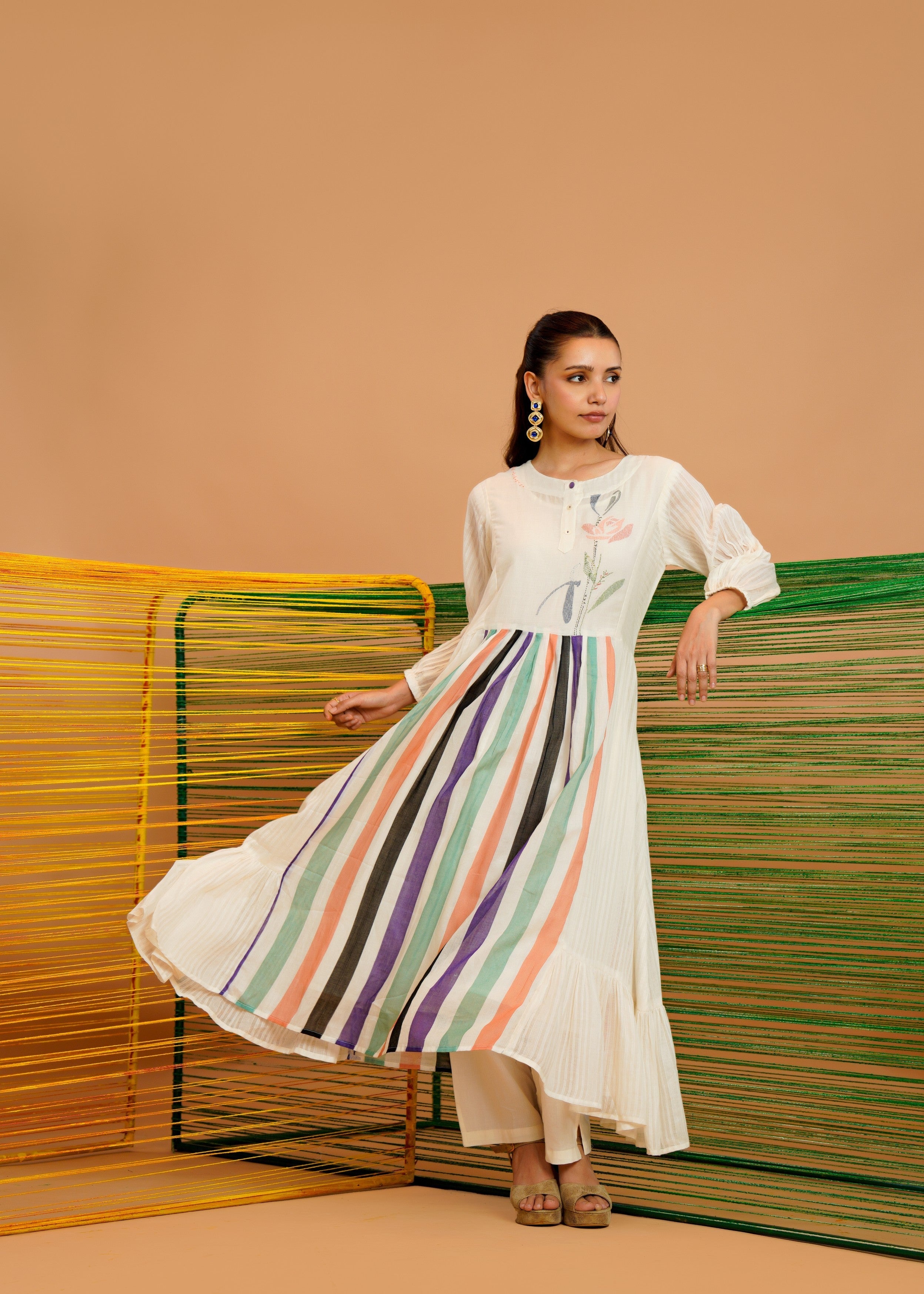 Ivory Multi-Stripe Printed Cotton Kurta Set