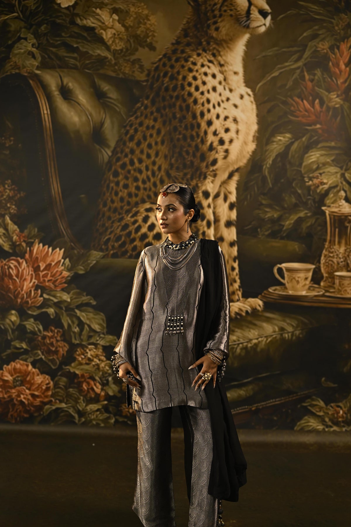 Silver Grey Embellished Banarasi Brocade Silk Pant Set