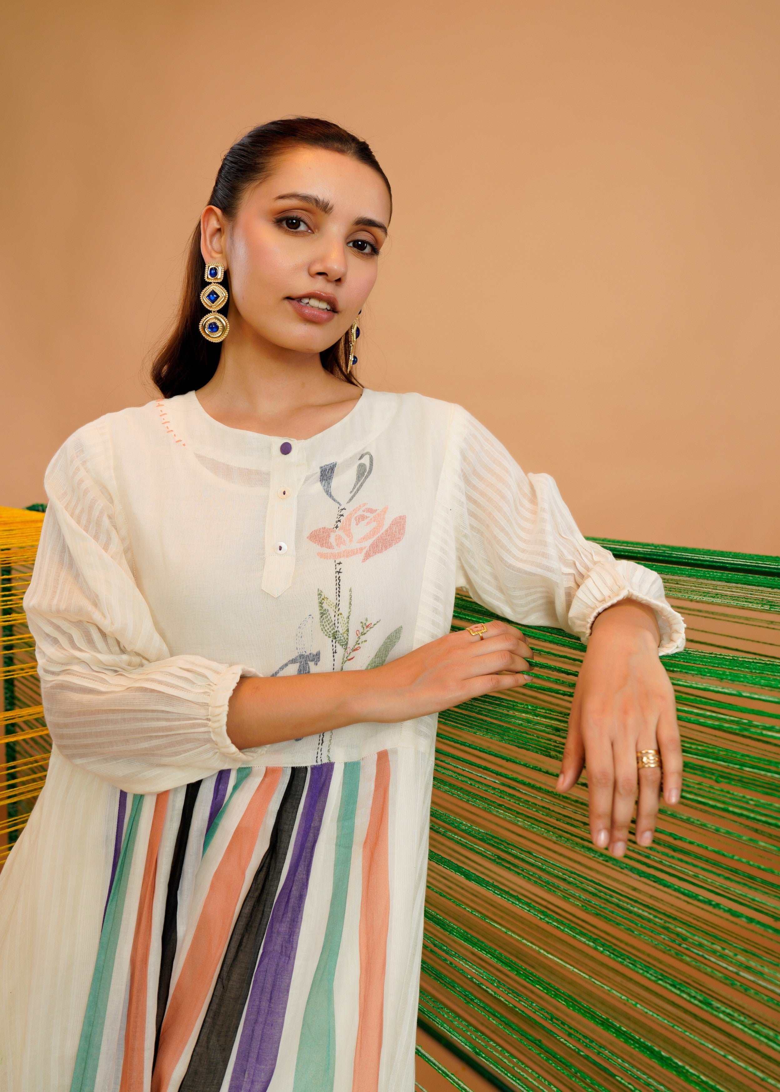 Ivory Multi-Stripe Printed Cotton Kurta Set