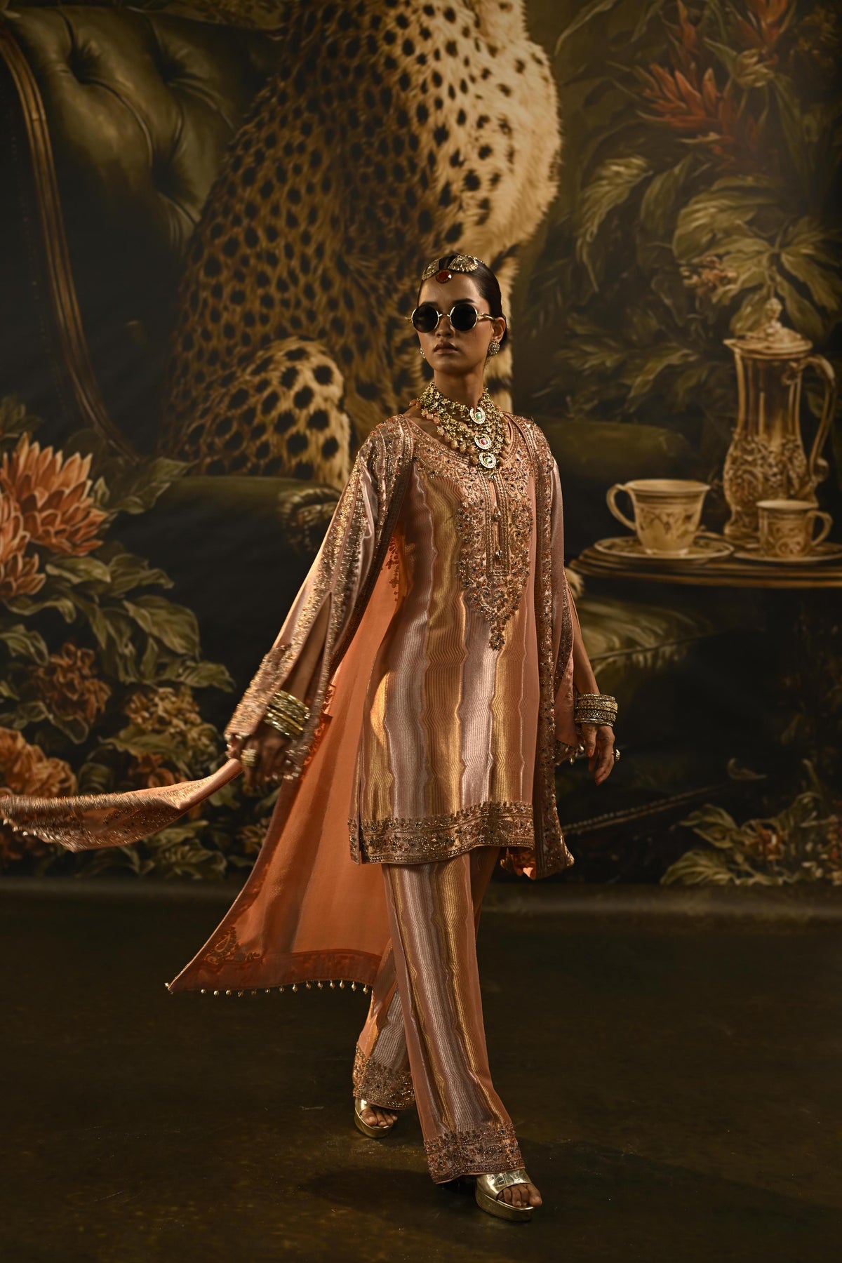 Peach Pink Embellished Banarasi Brocade Silk Pant Set