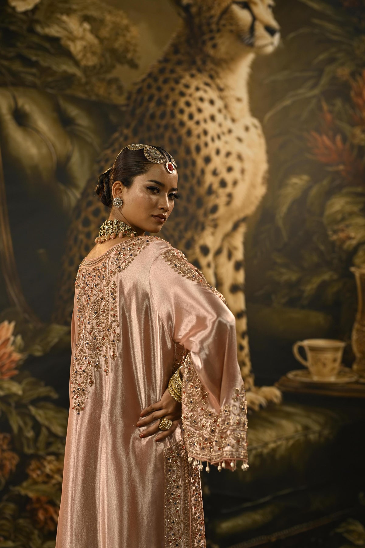 Peach Pink Embellished Banarasi Brocade Silk Pant Set