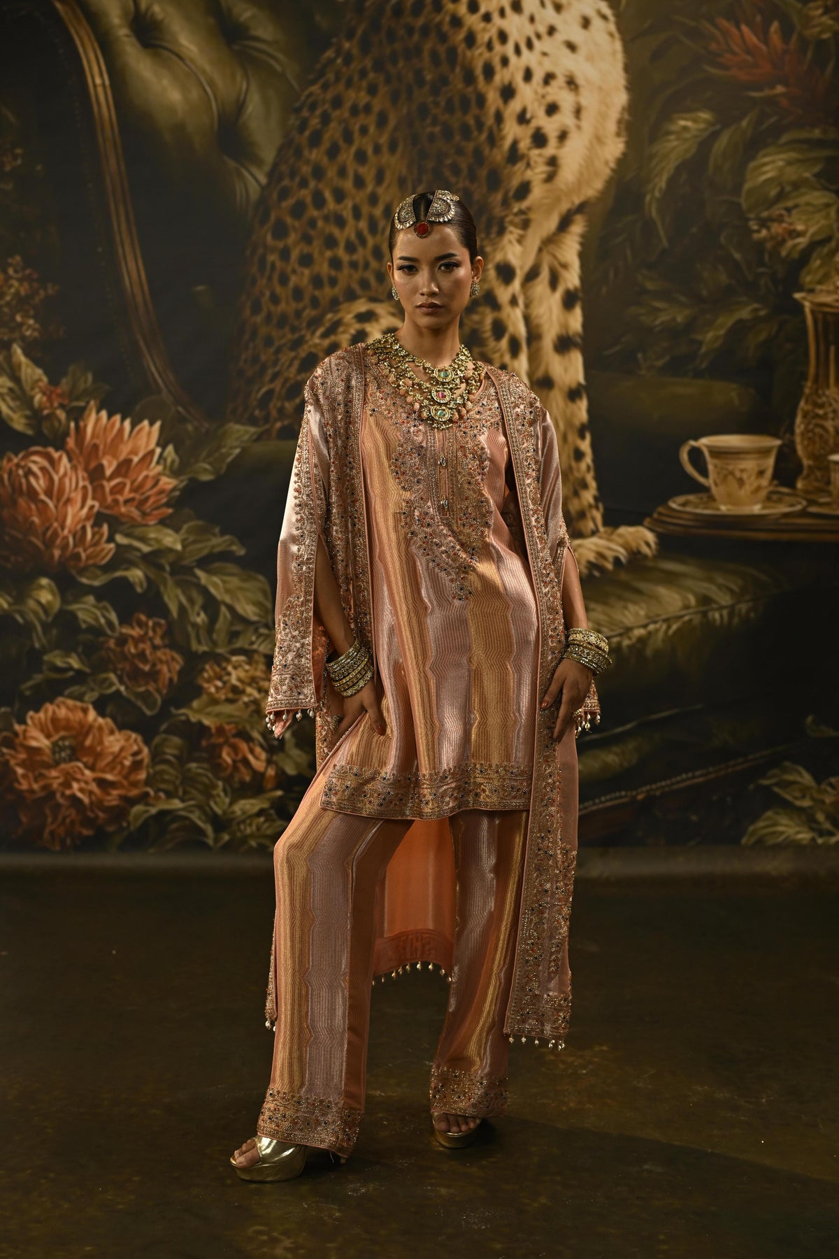 Peach Pink Embellished Banarasi Brocade Silk Pant Set