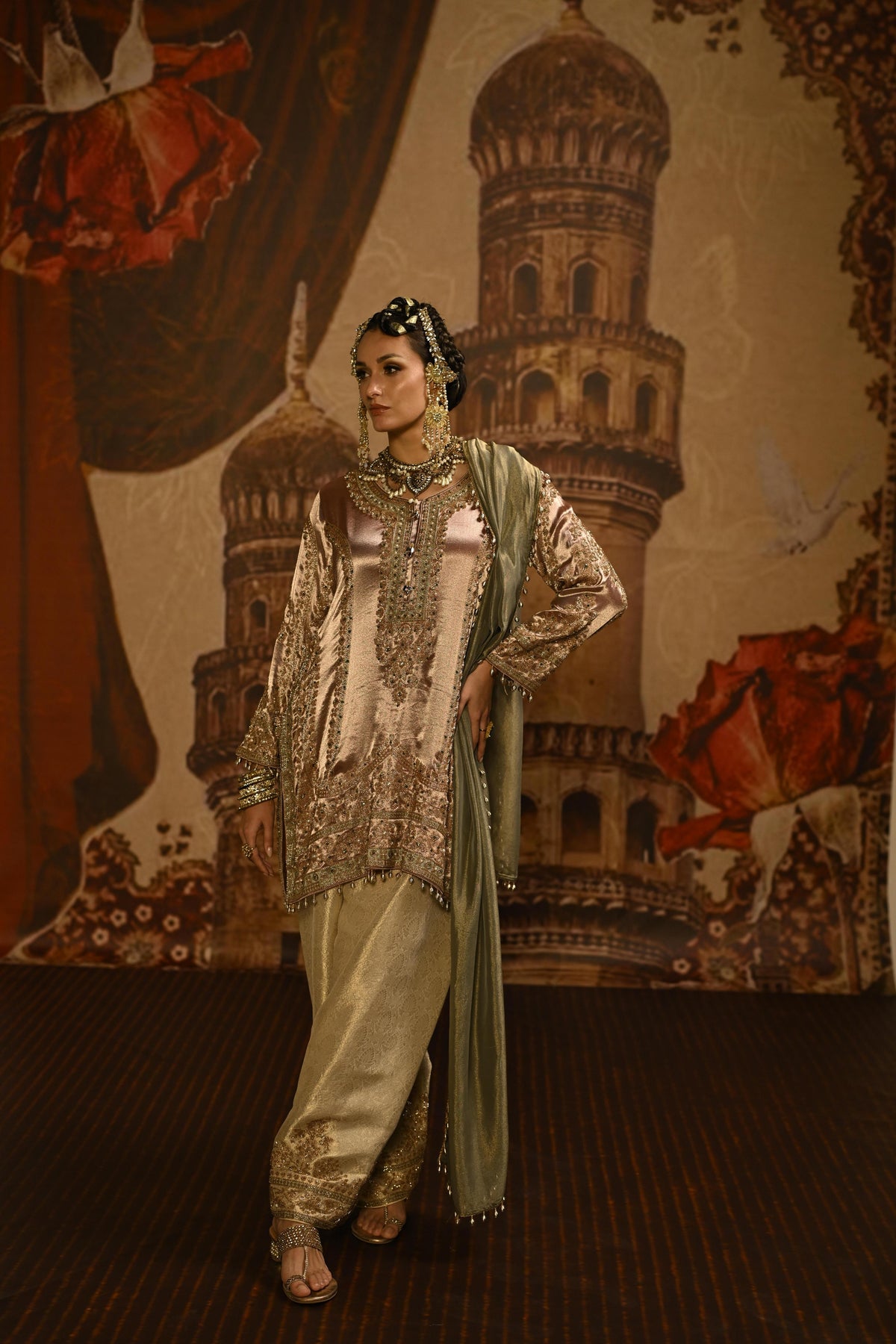 Metallic Rose Embellished Tissue Banarasi Silk Pant Set