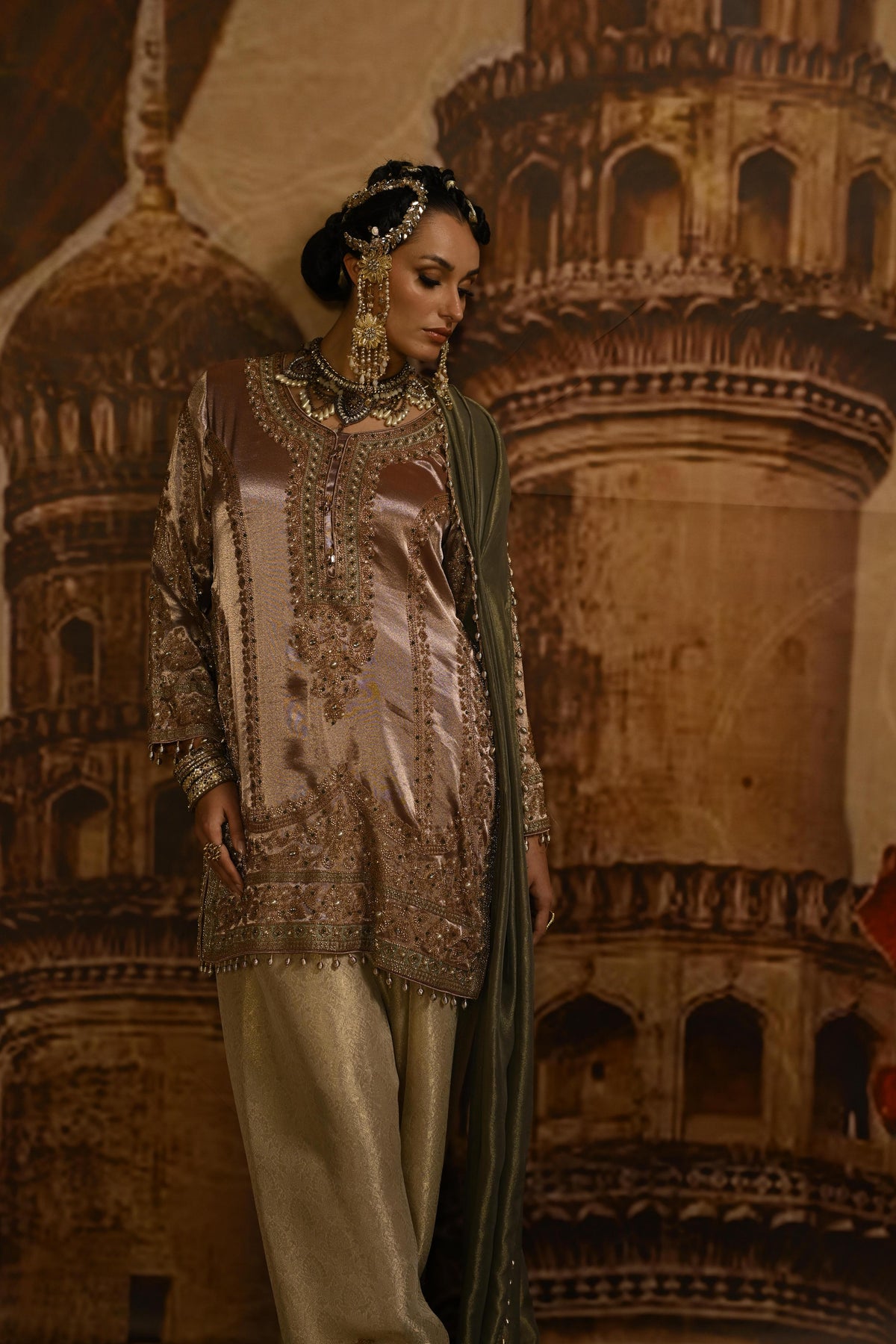 Metallic Rose Embellished Tissue Banarasi Silk Pant Set