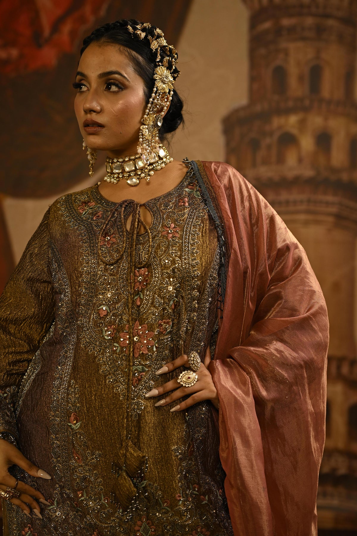 Brown Olive Embellished Tissue Silk Pant Set