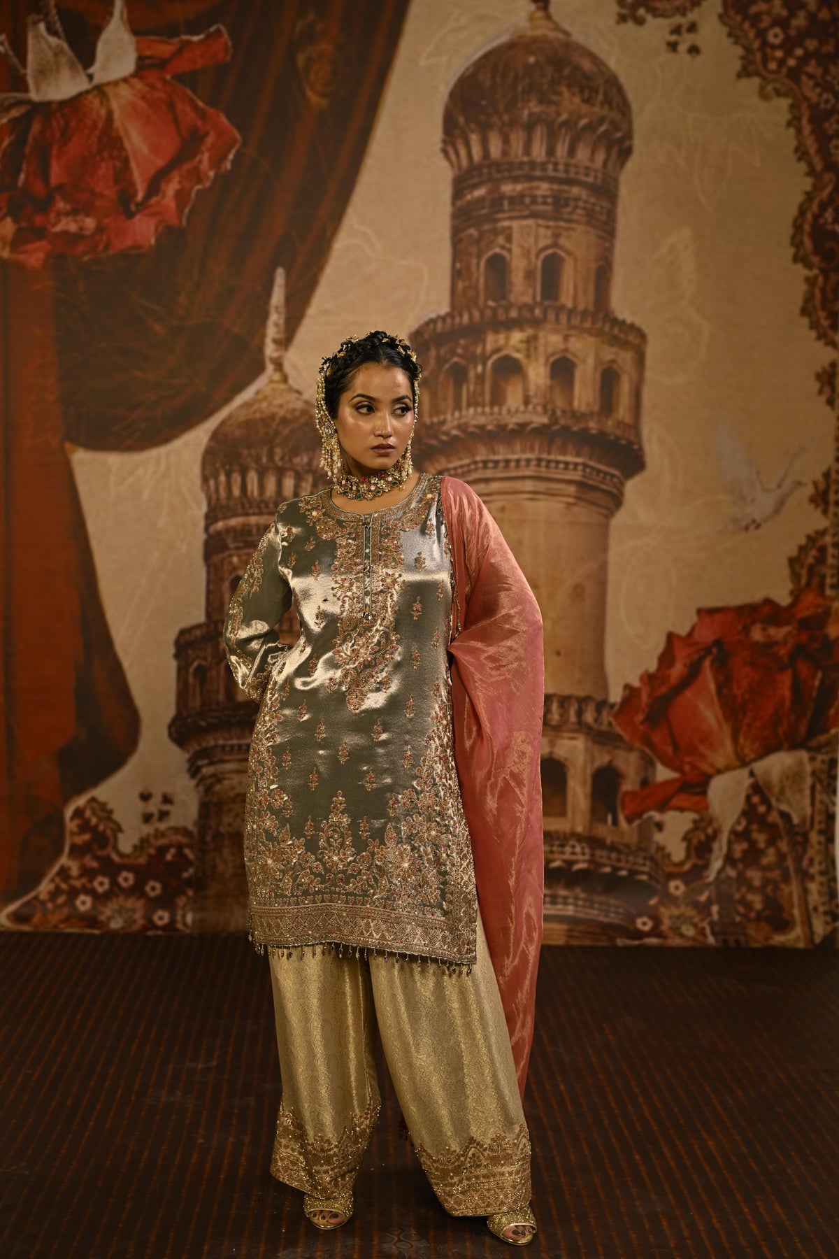 Antique Silver Embellished Tissue Silk Pant Set