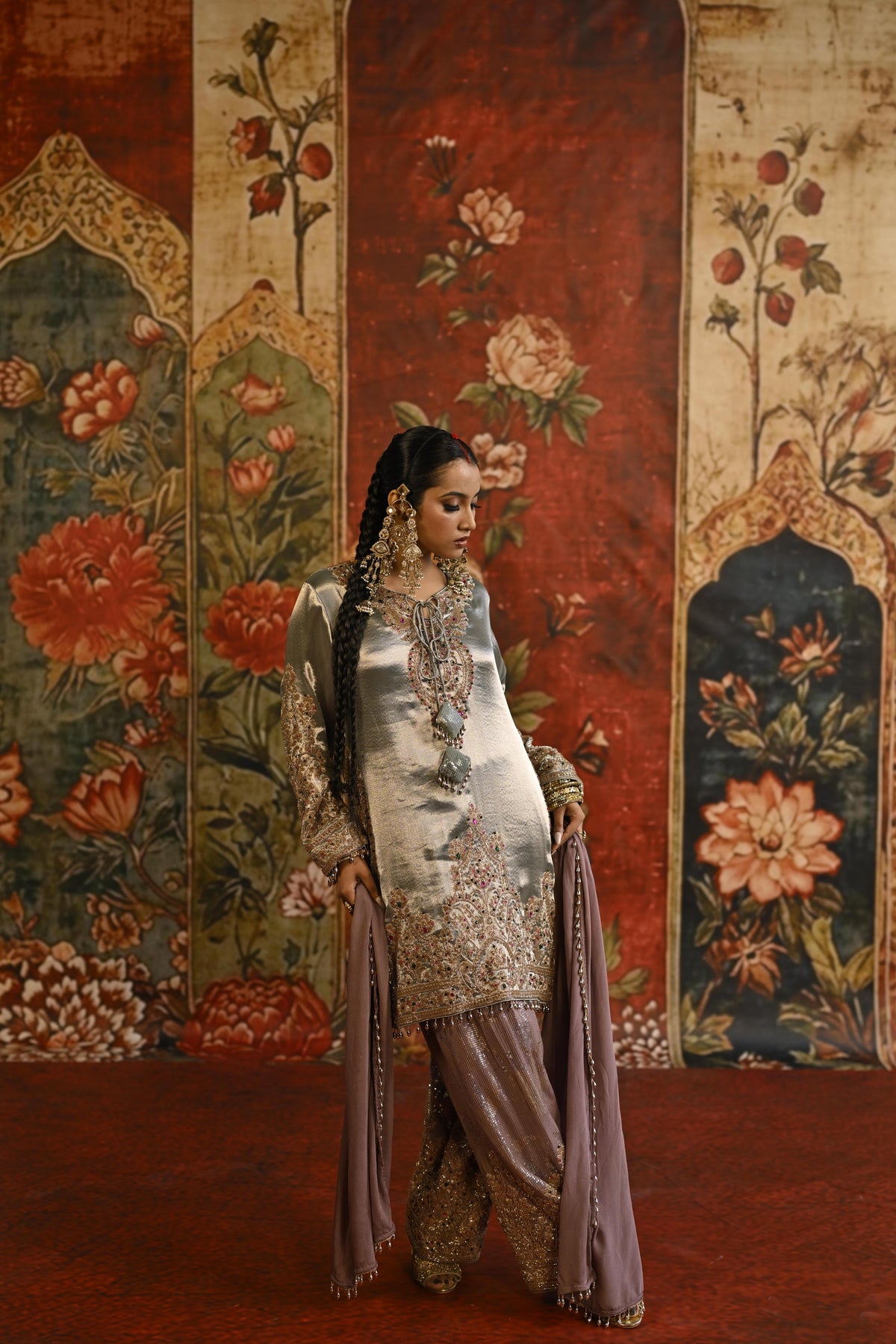 Ivory Silver Embellished Tissue Silk Pant Set