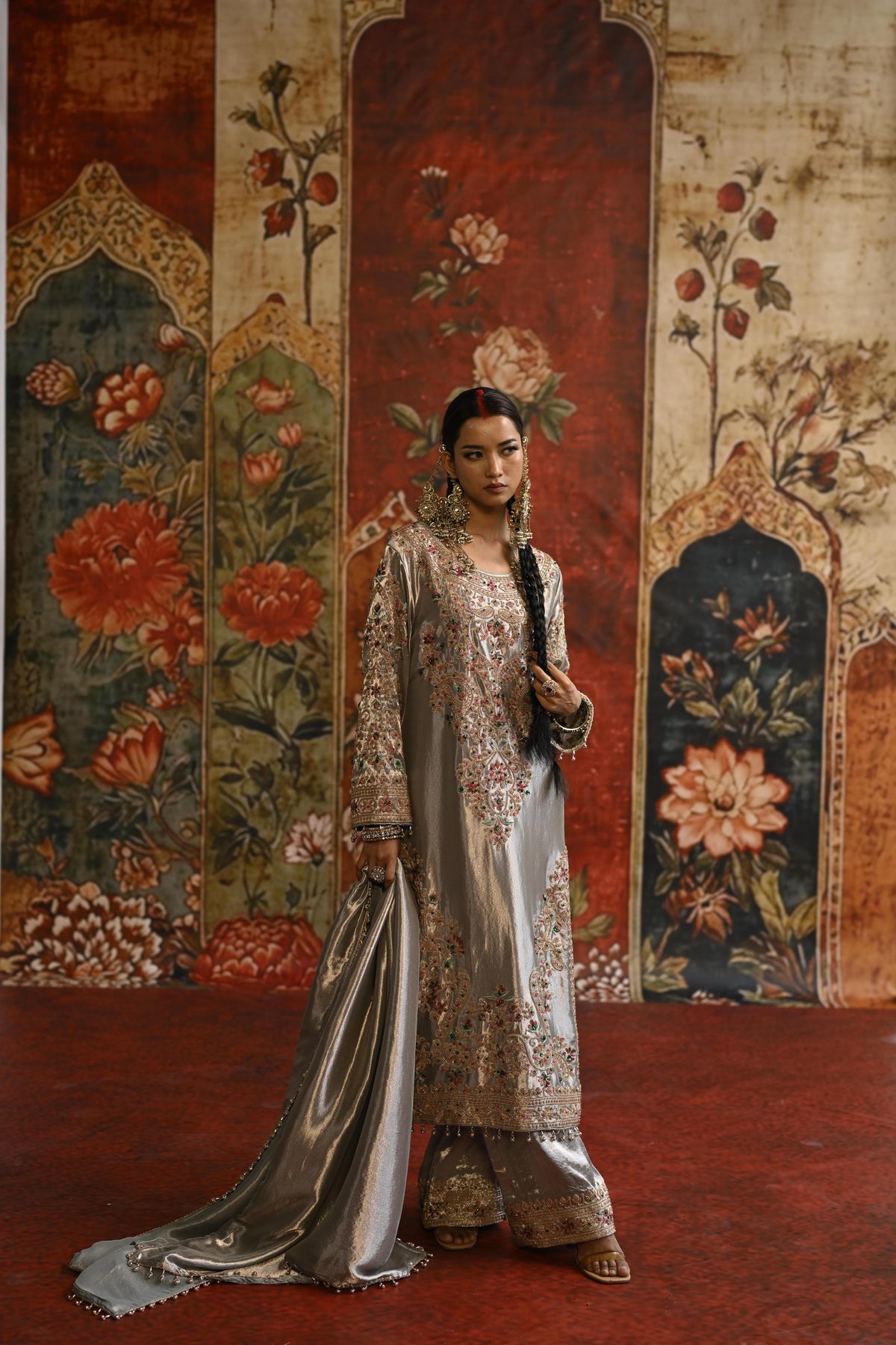 Silver Ivory Embellished Tissue Banarasi Silk Pant Set