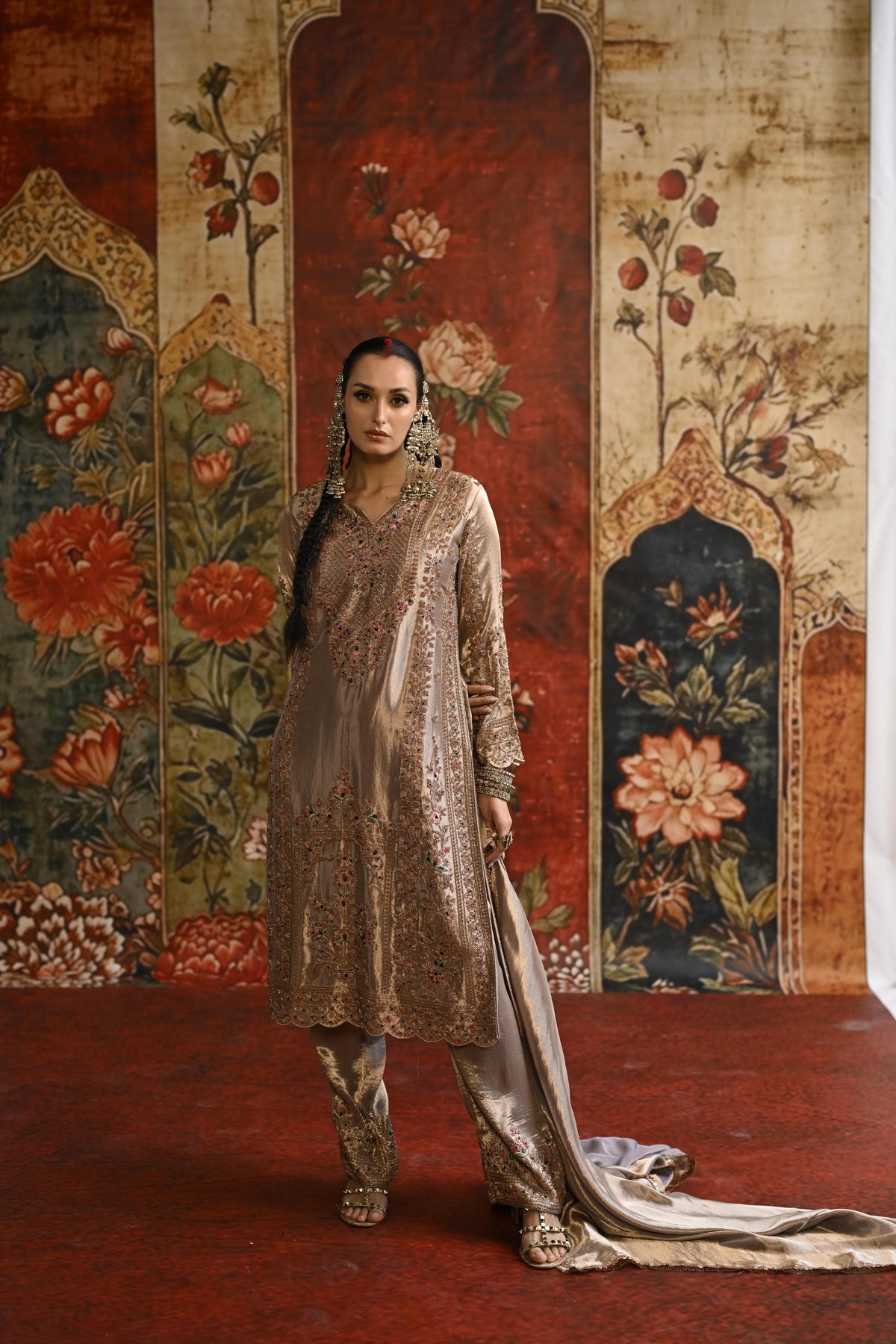 Taupe Ivory Embellished Tissue Banarasi Silk Pant Set