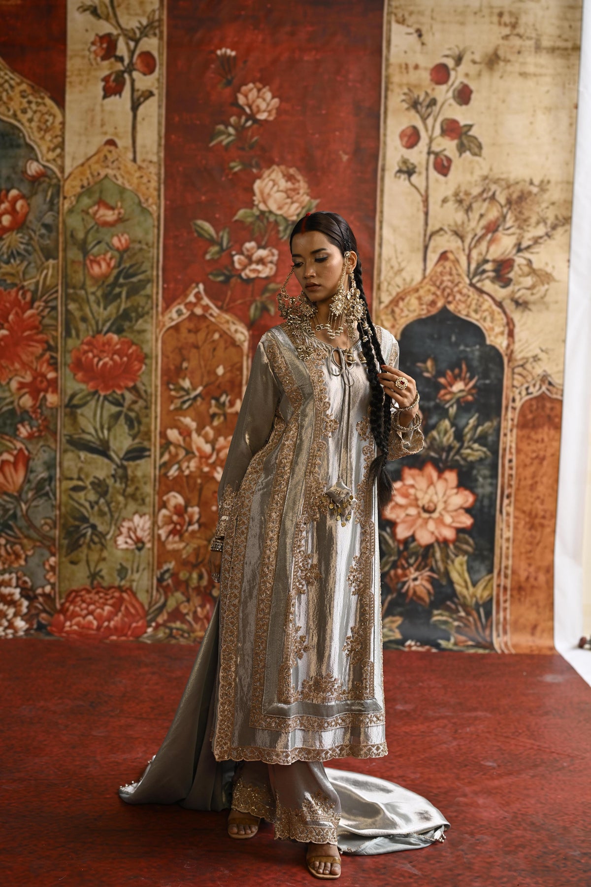 Grey Embellished Tissue Banarasi Silk Pant Set