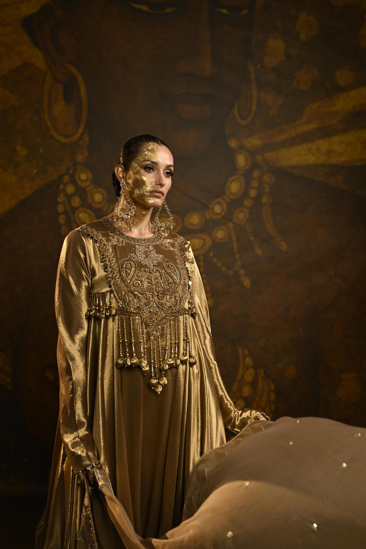 Antique Gold Embellished Banarasi Silk Tissue Anarkali Set