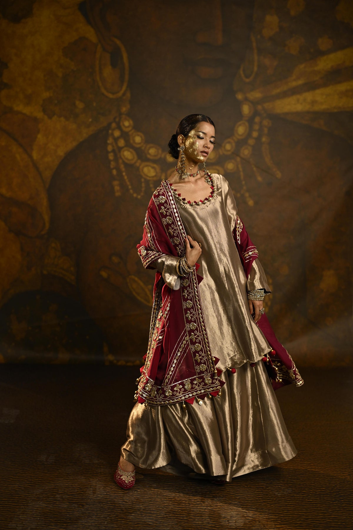 Gold Royal Embellished Tissue Banarasi Silk Sharara Set