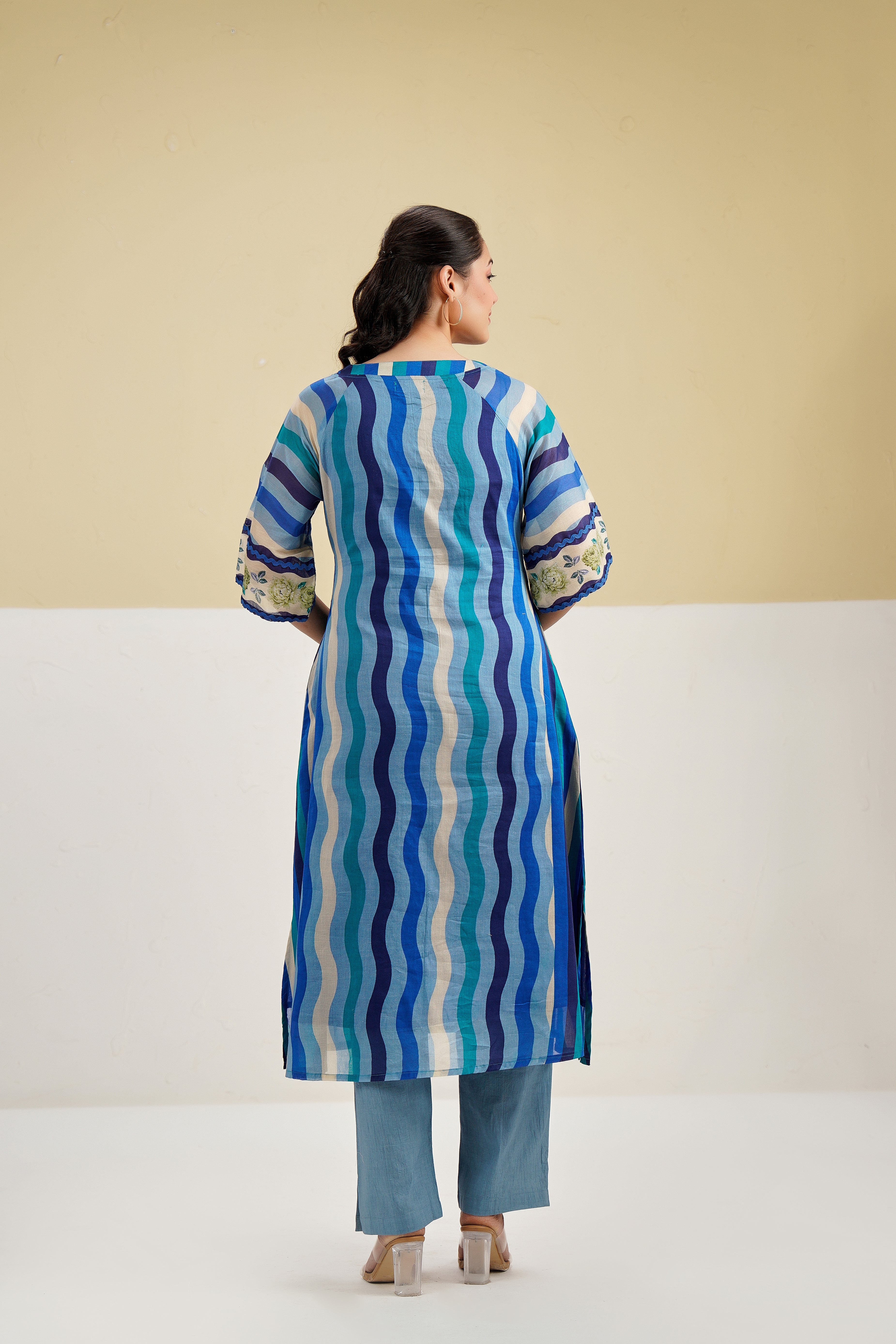 Blue Stripe Printed Cotton Kurta Set