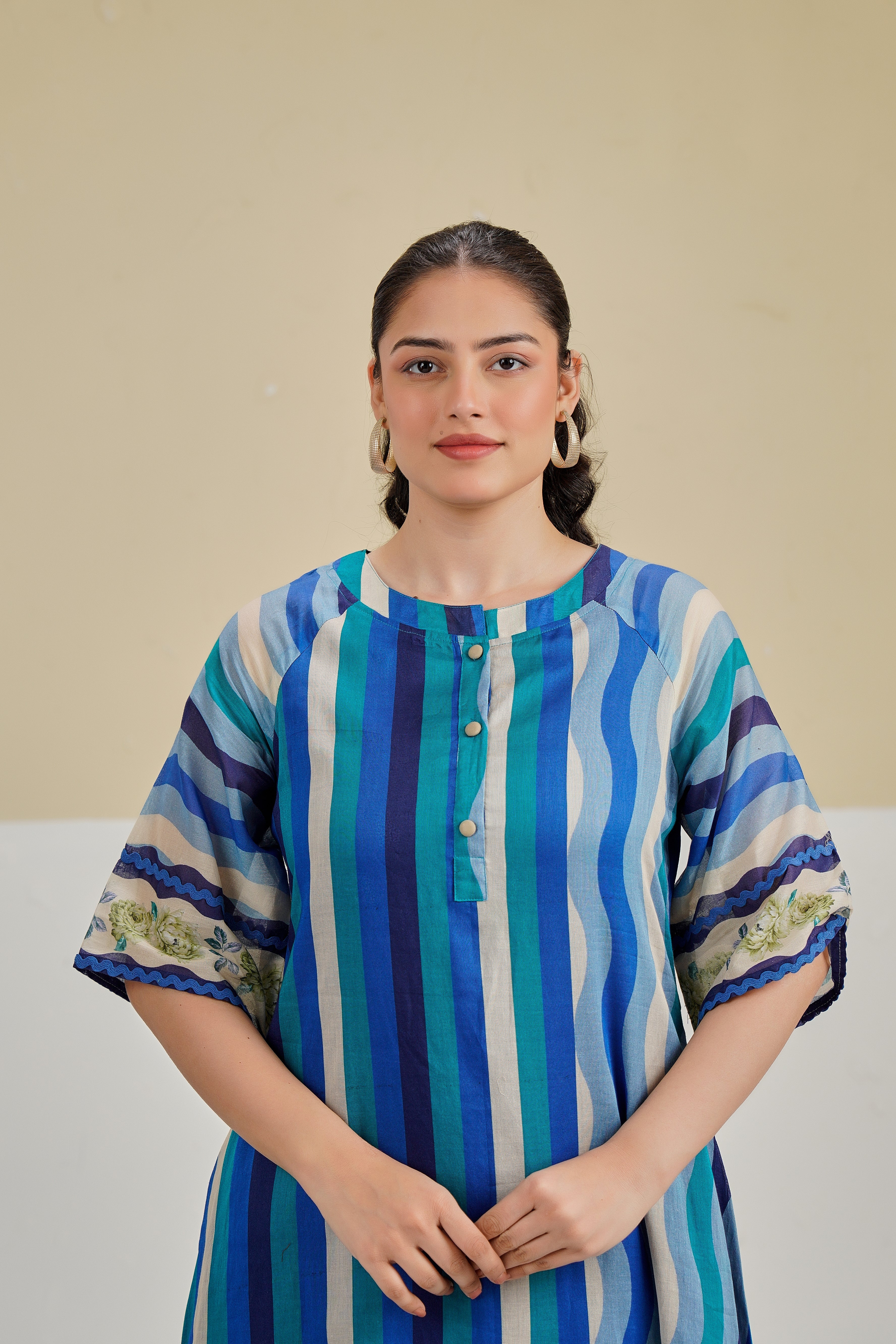 Blue Stripe Printed Cotton Kurta Set