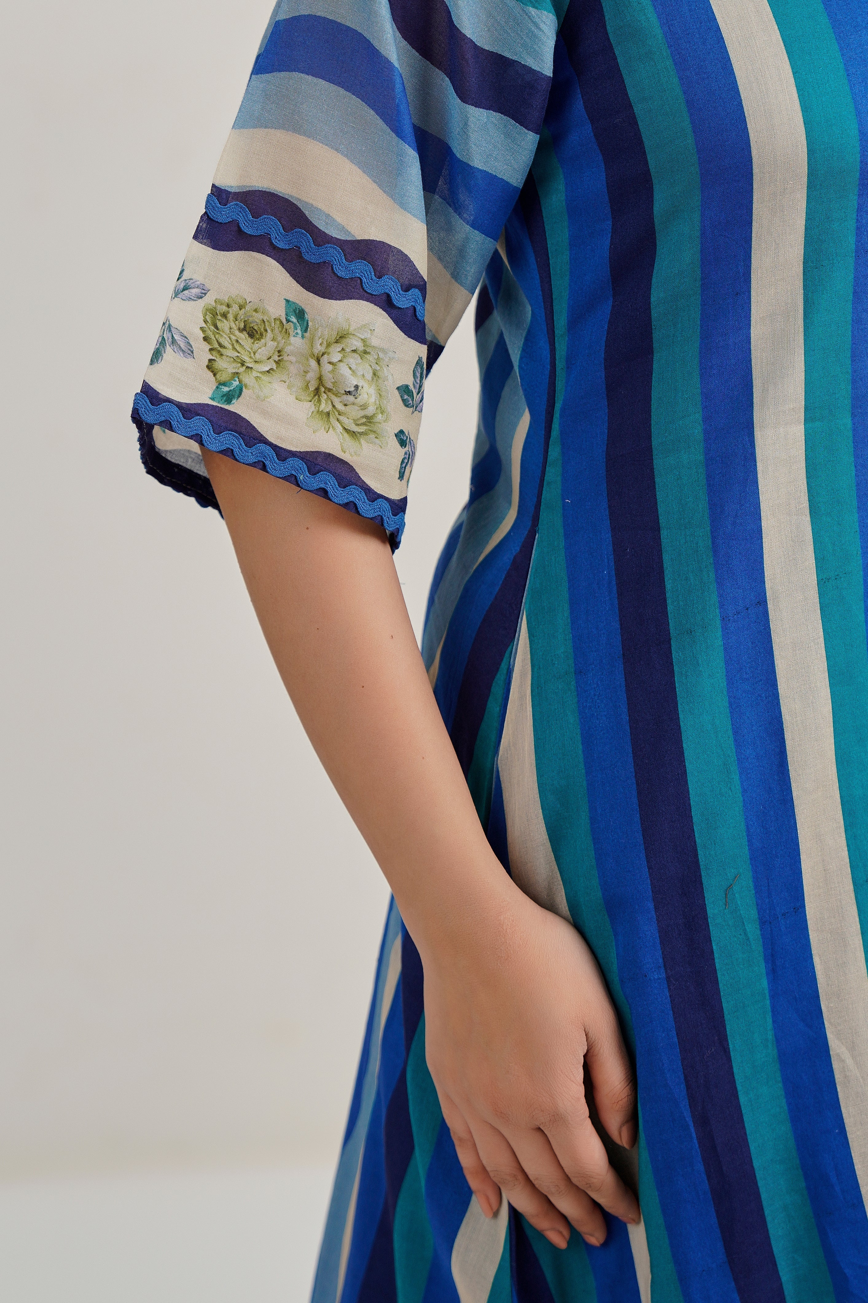Blue Stripe Printed Cotton Kurta Set