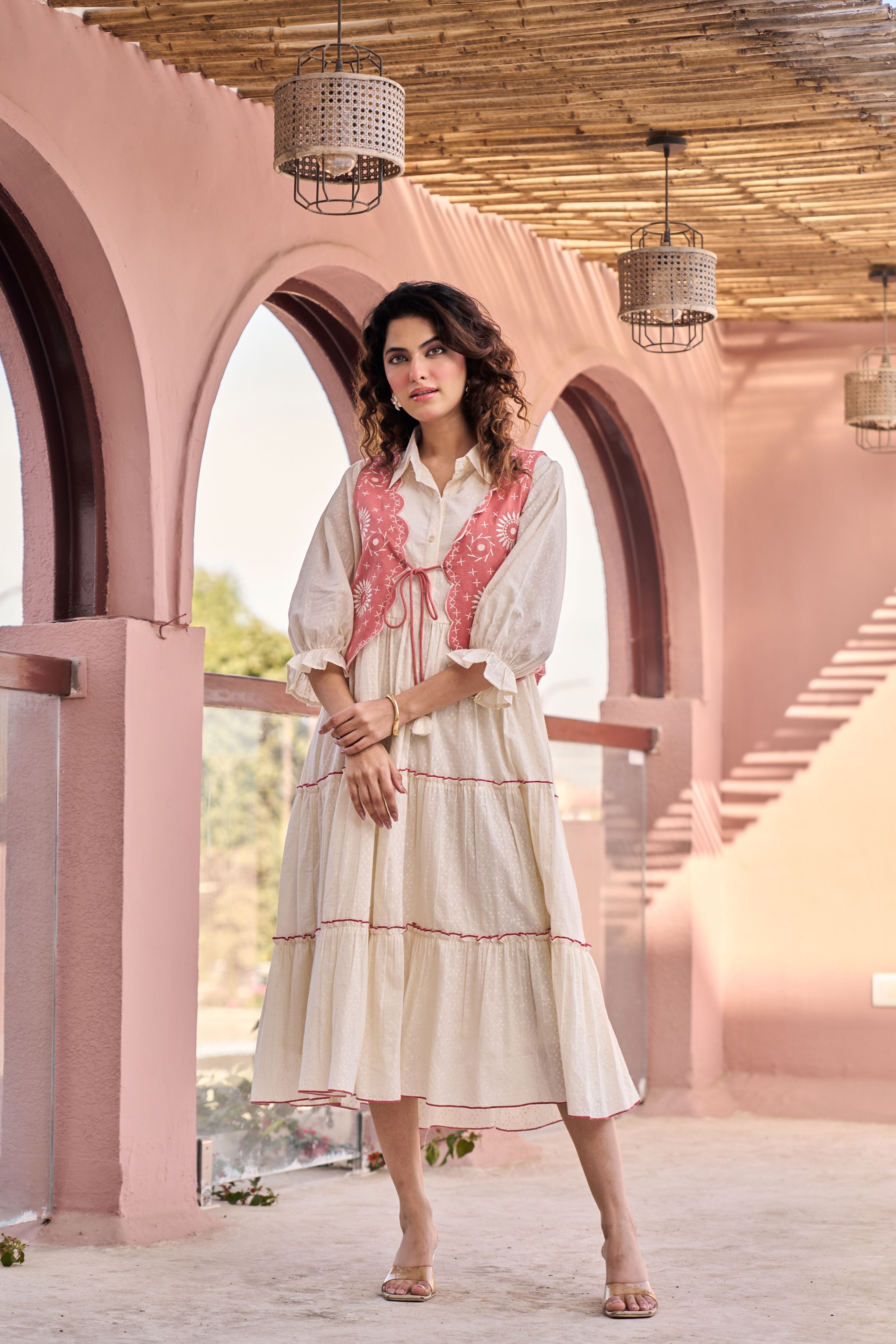 Boho Blush Cotton Midi Flared Dress