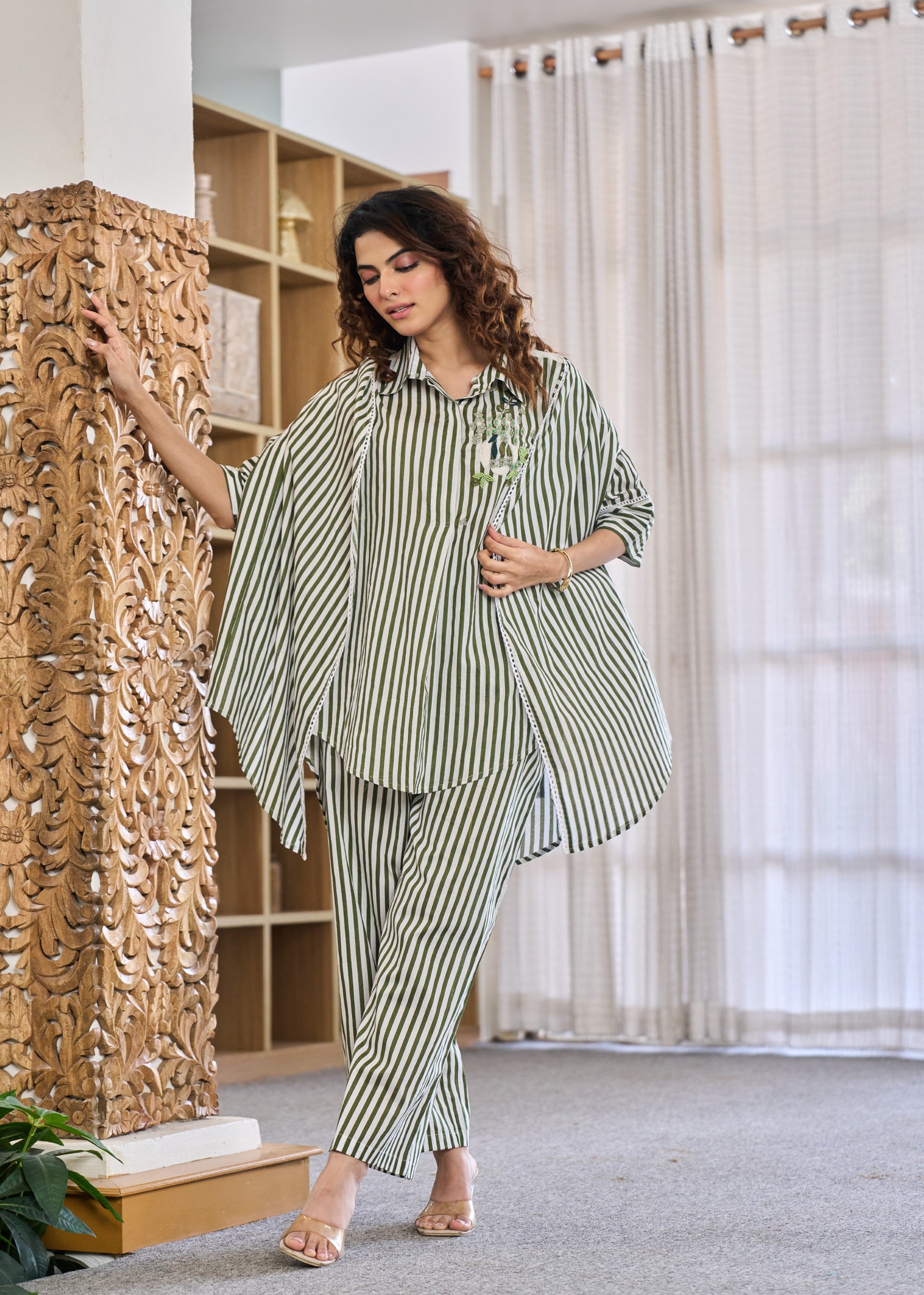 Olive Lineage Embellished Cotton Co-Ord Set