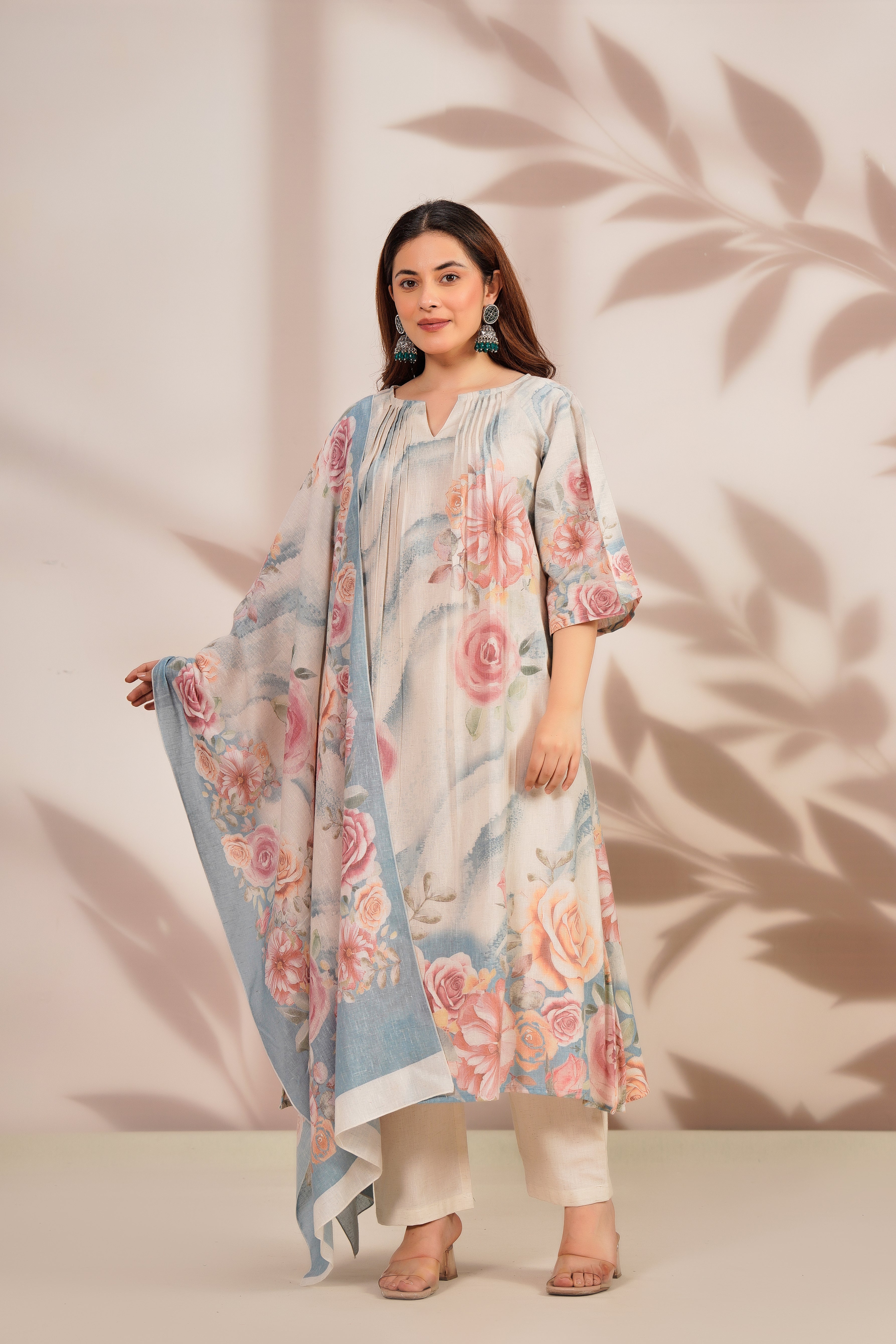 Pastel Charm Printed Cotton Linen Kurta Set