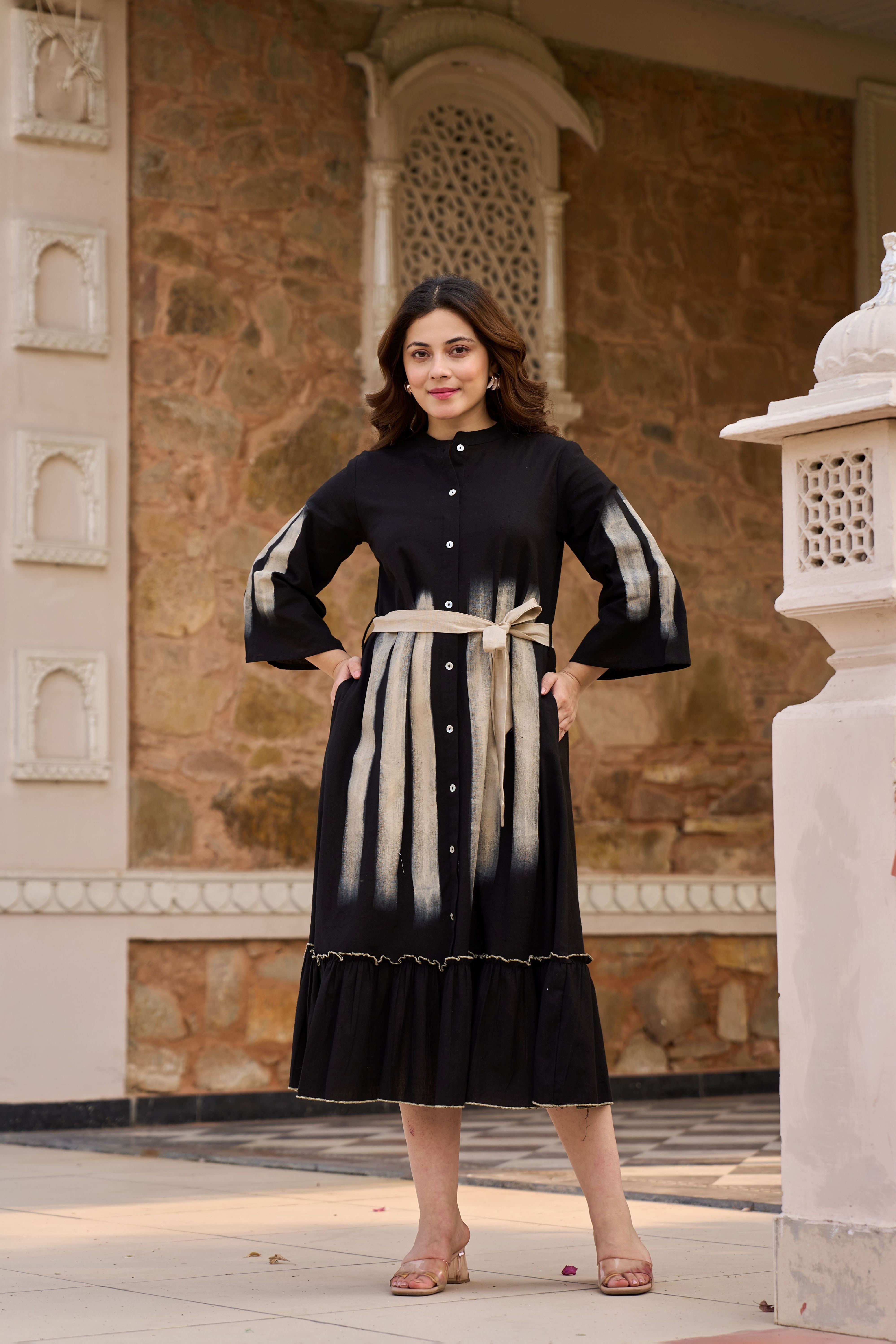 Ebony Hand-Painted Cotton Linen Midi Dress