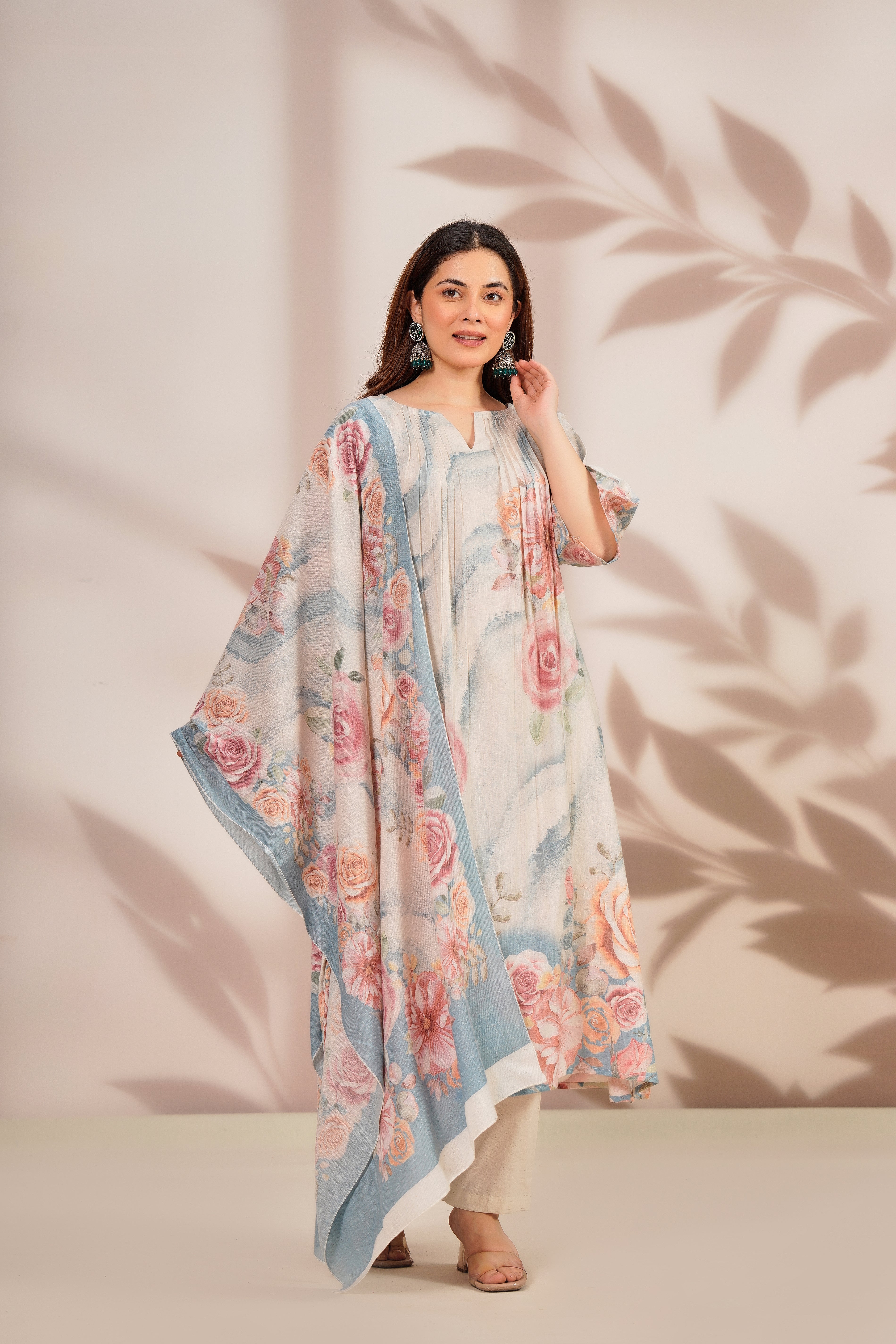 Pastel Charm Printed Cotton Linen Kurta Set