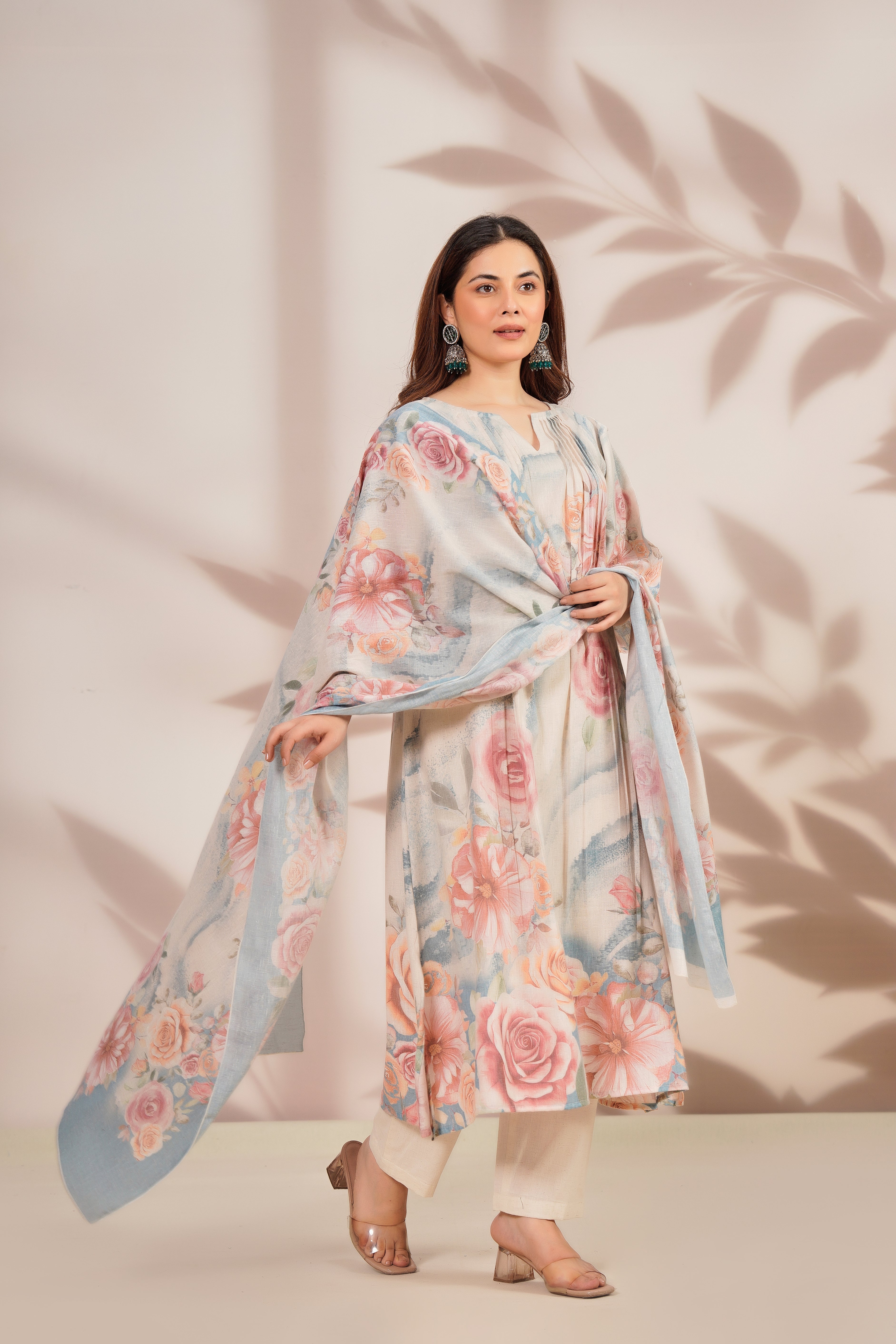 Pastel Charm Printed Cotton Linen Kurta Set