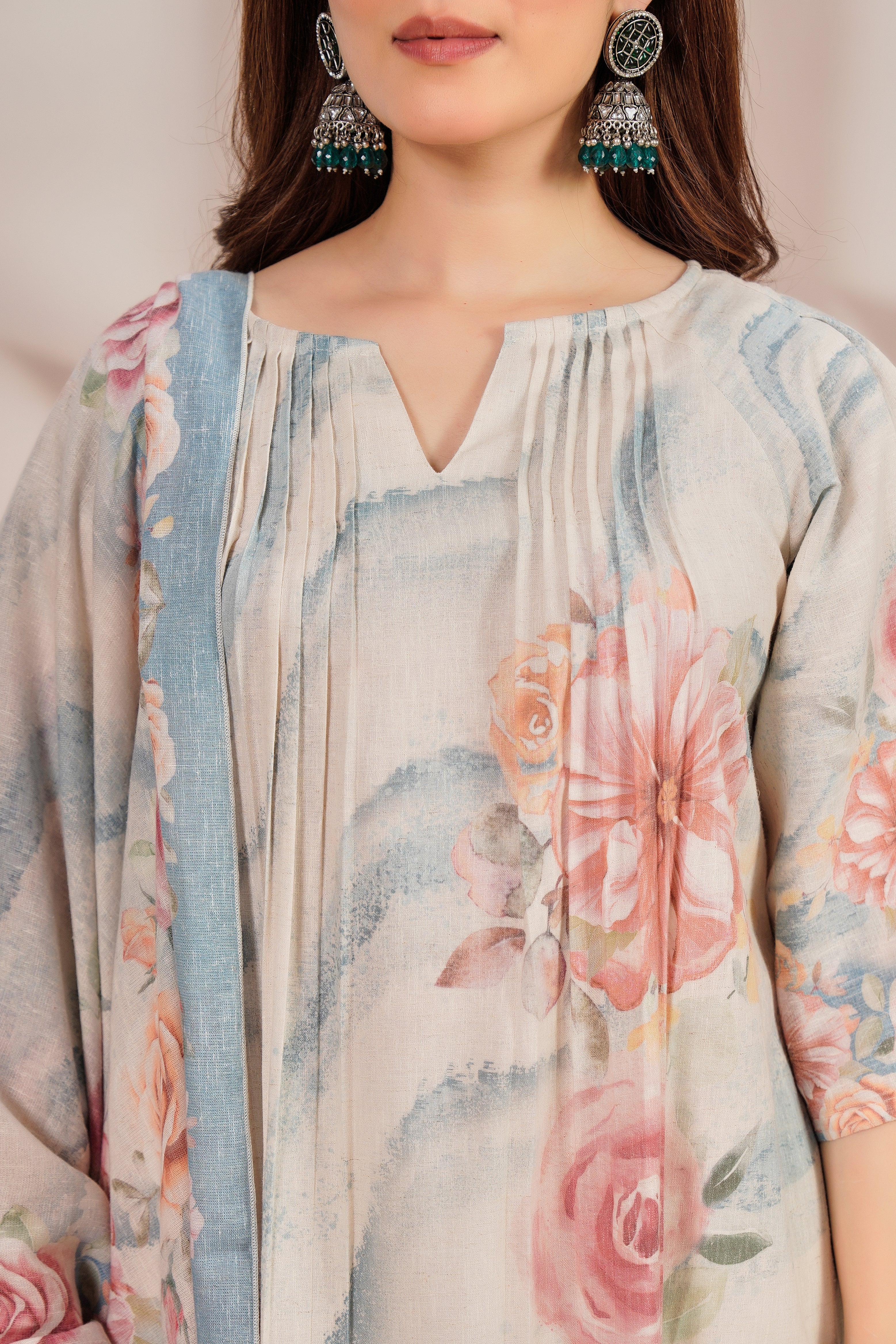 Pastel Charm Printed Cotton Linen Kurta Set