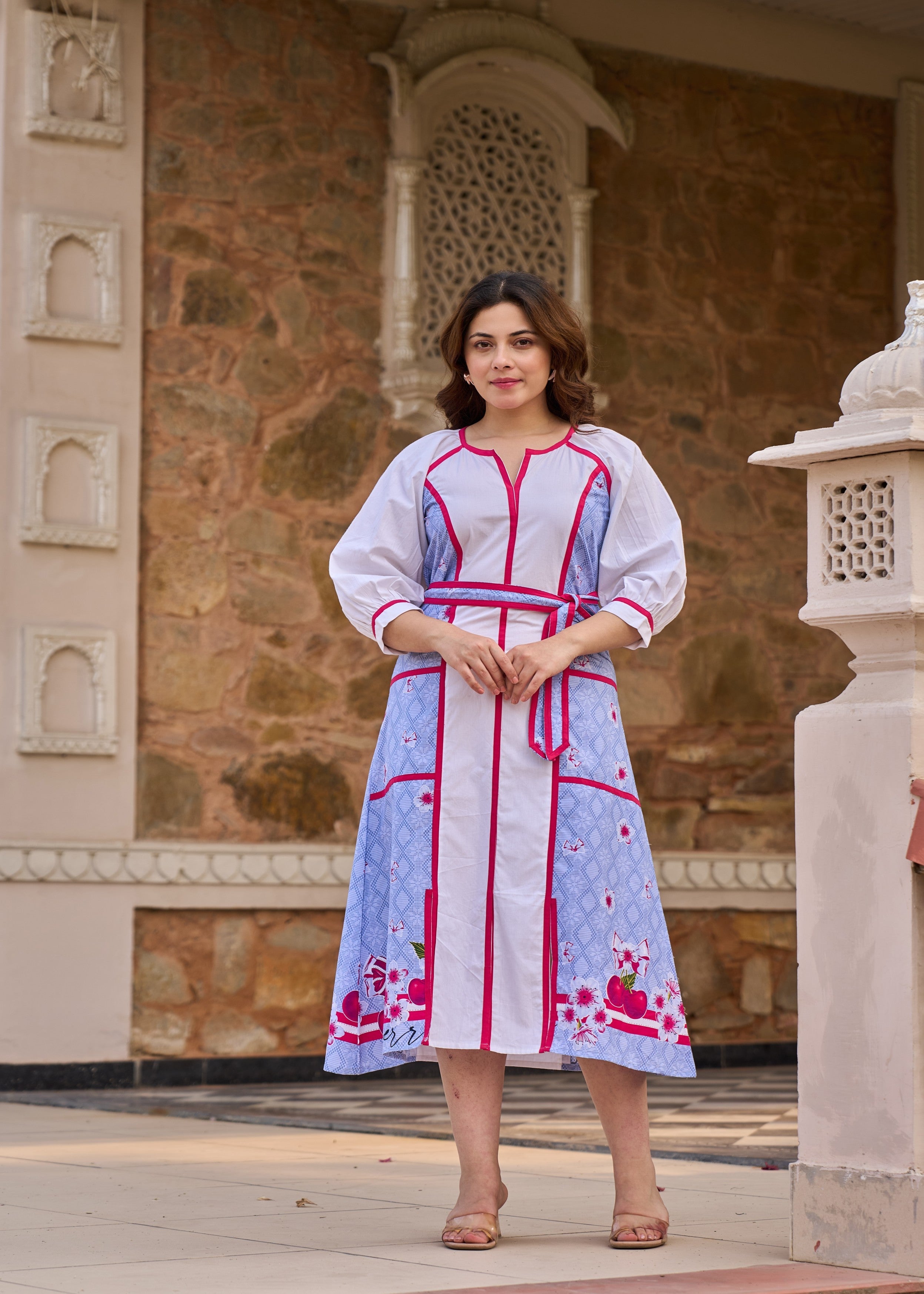 Blue and White Panelled Cotton Dress
