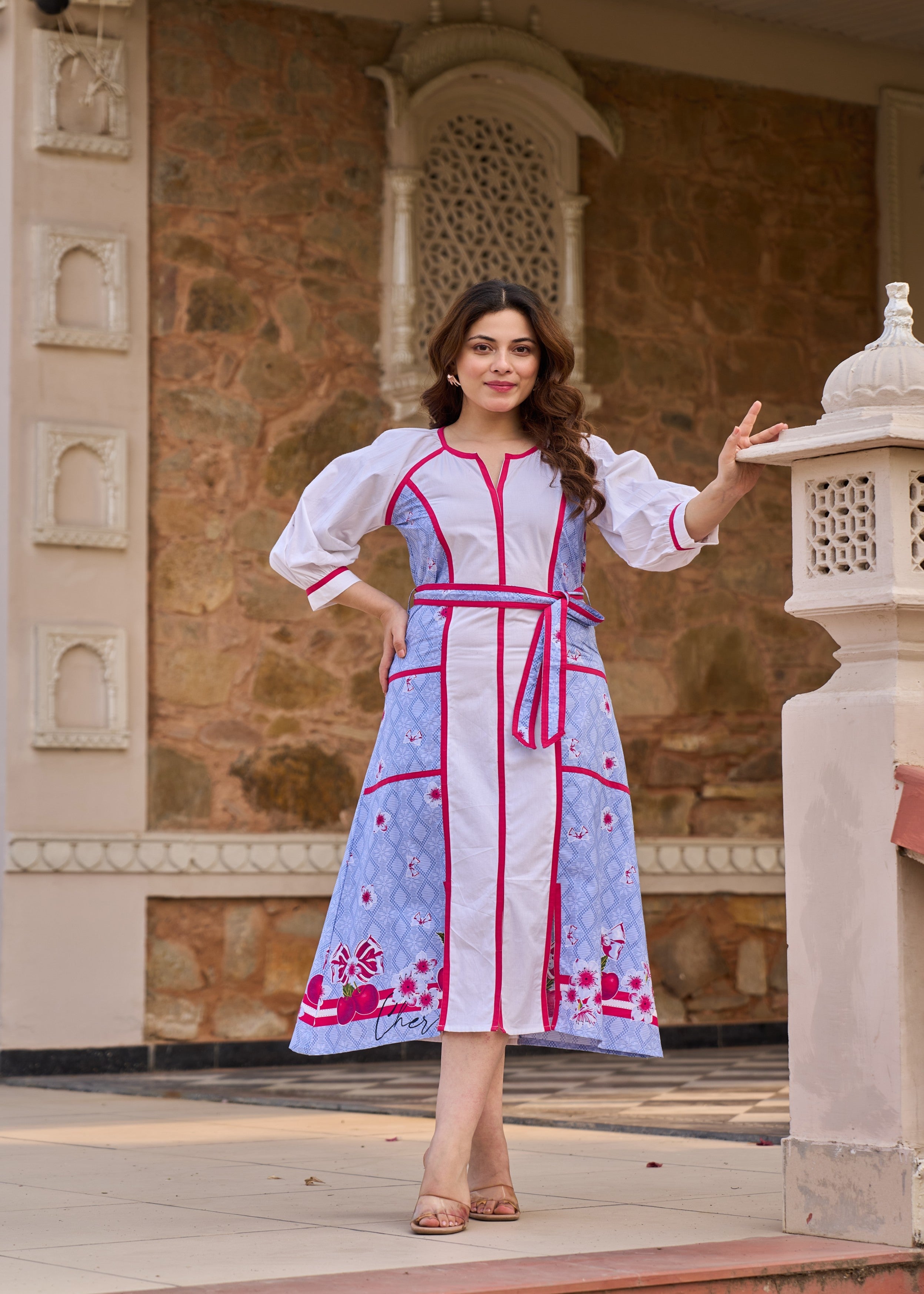 Blue and White Panelled Cotton Dress