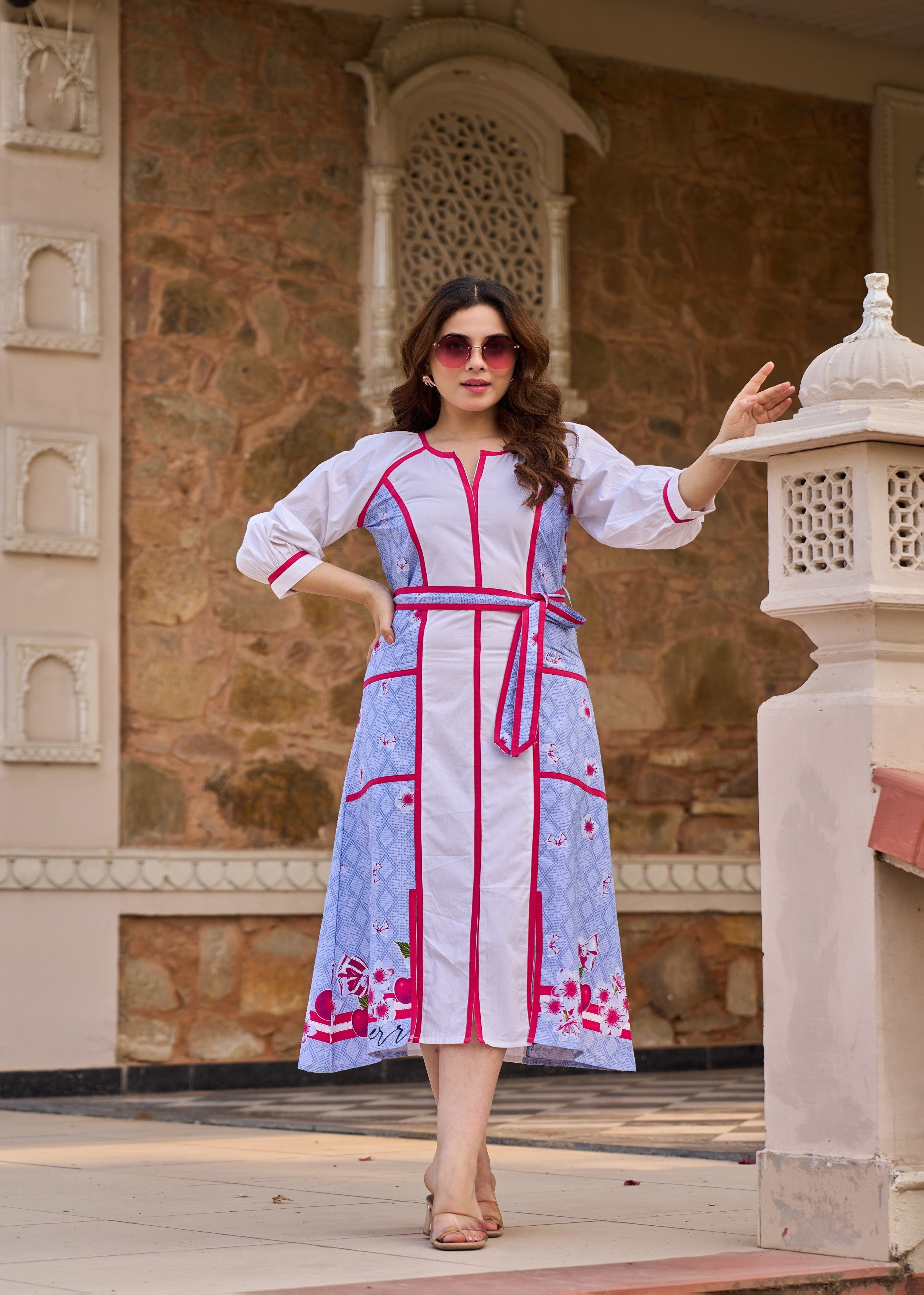 Blue and White Panelled Cotton Dress