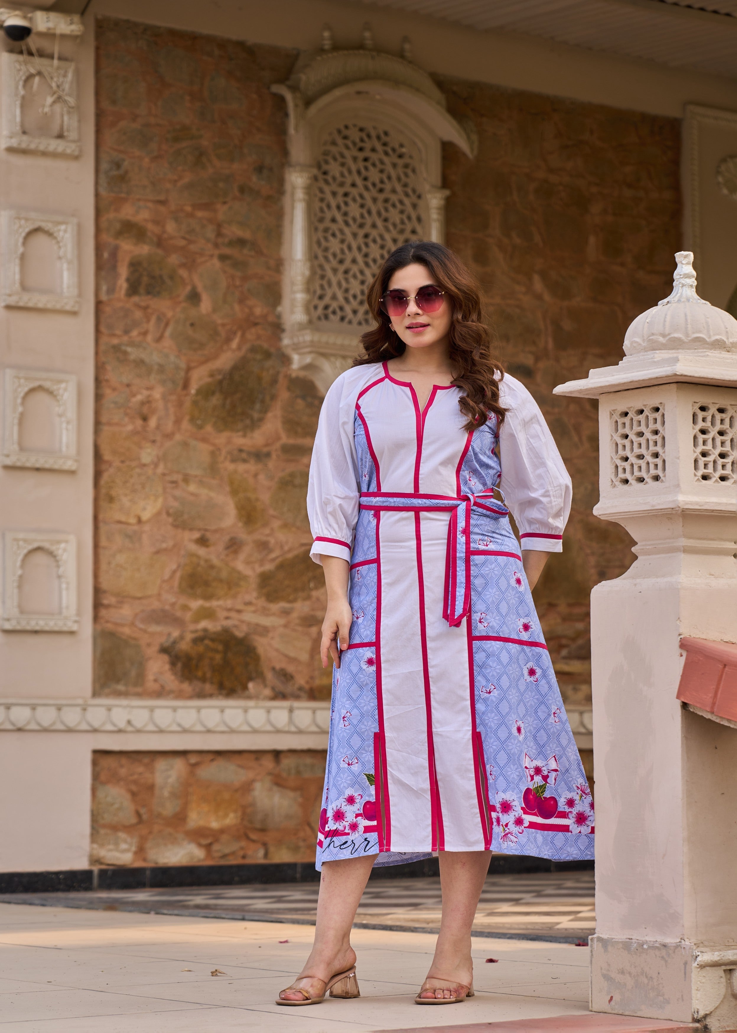 Blue and White Panelled Cotton Dress