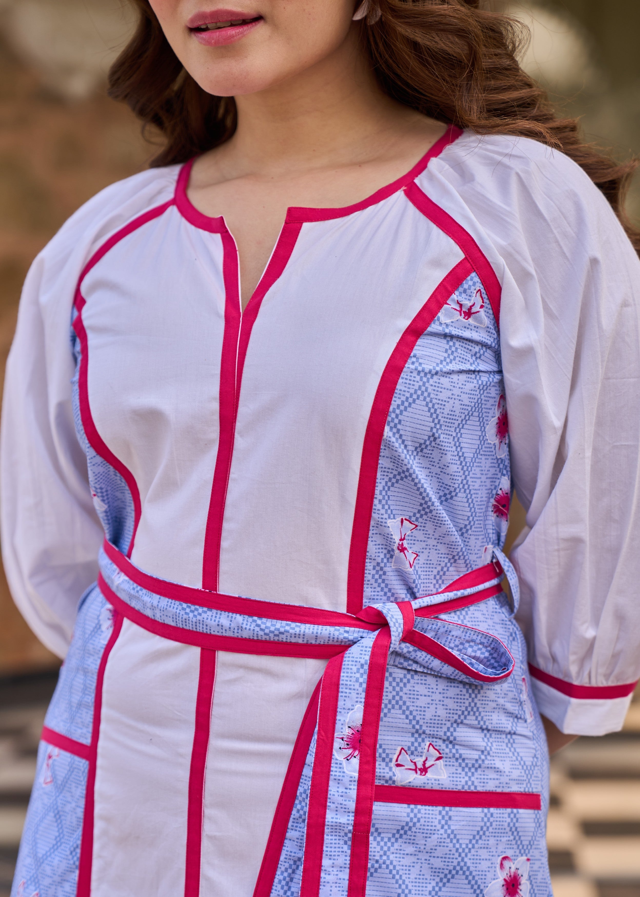 Blue and White Panelled Cotton Dress