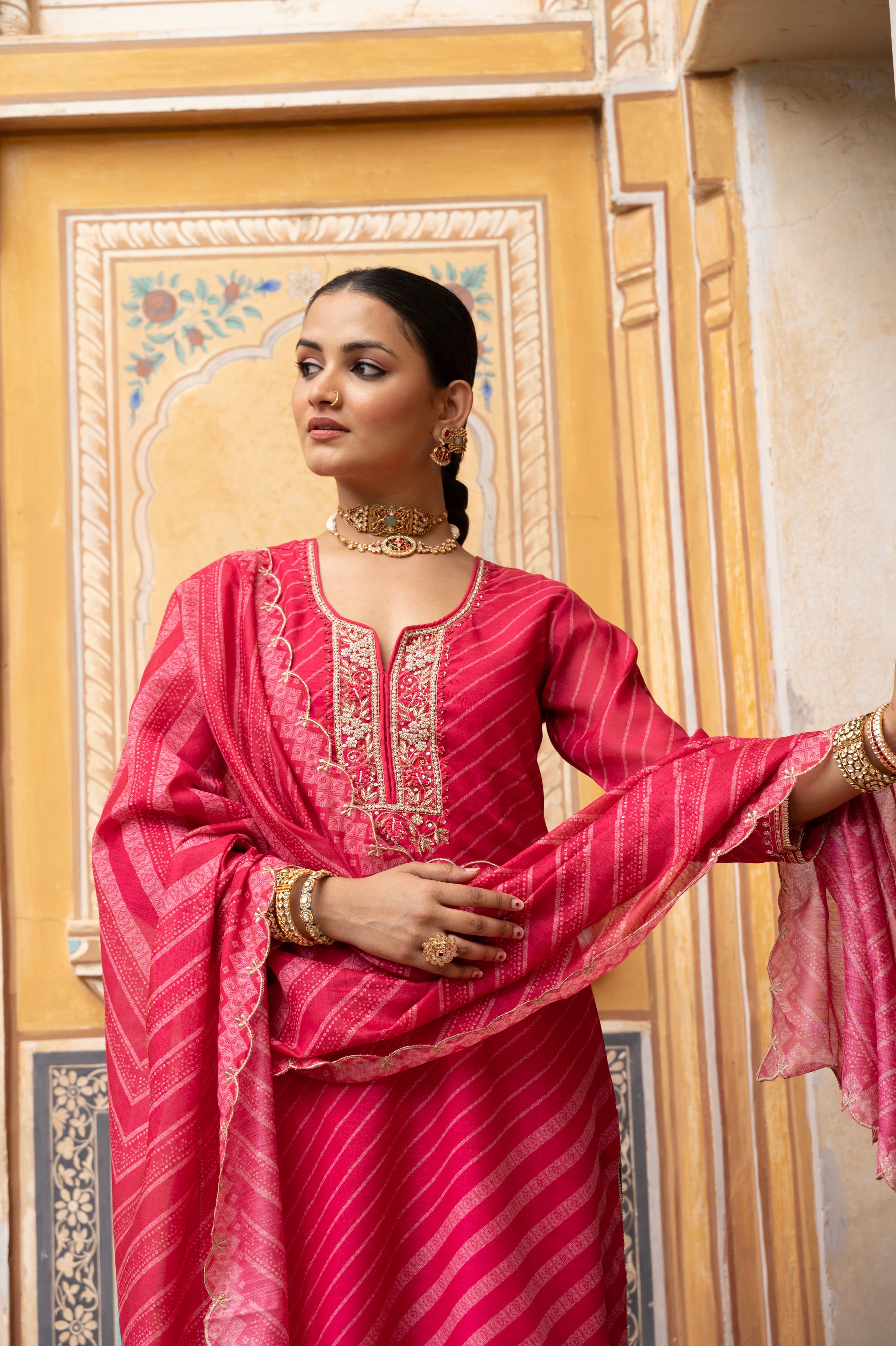 Coral Pink Embellished Chanderi Silk Pant Set
