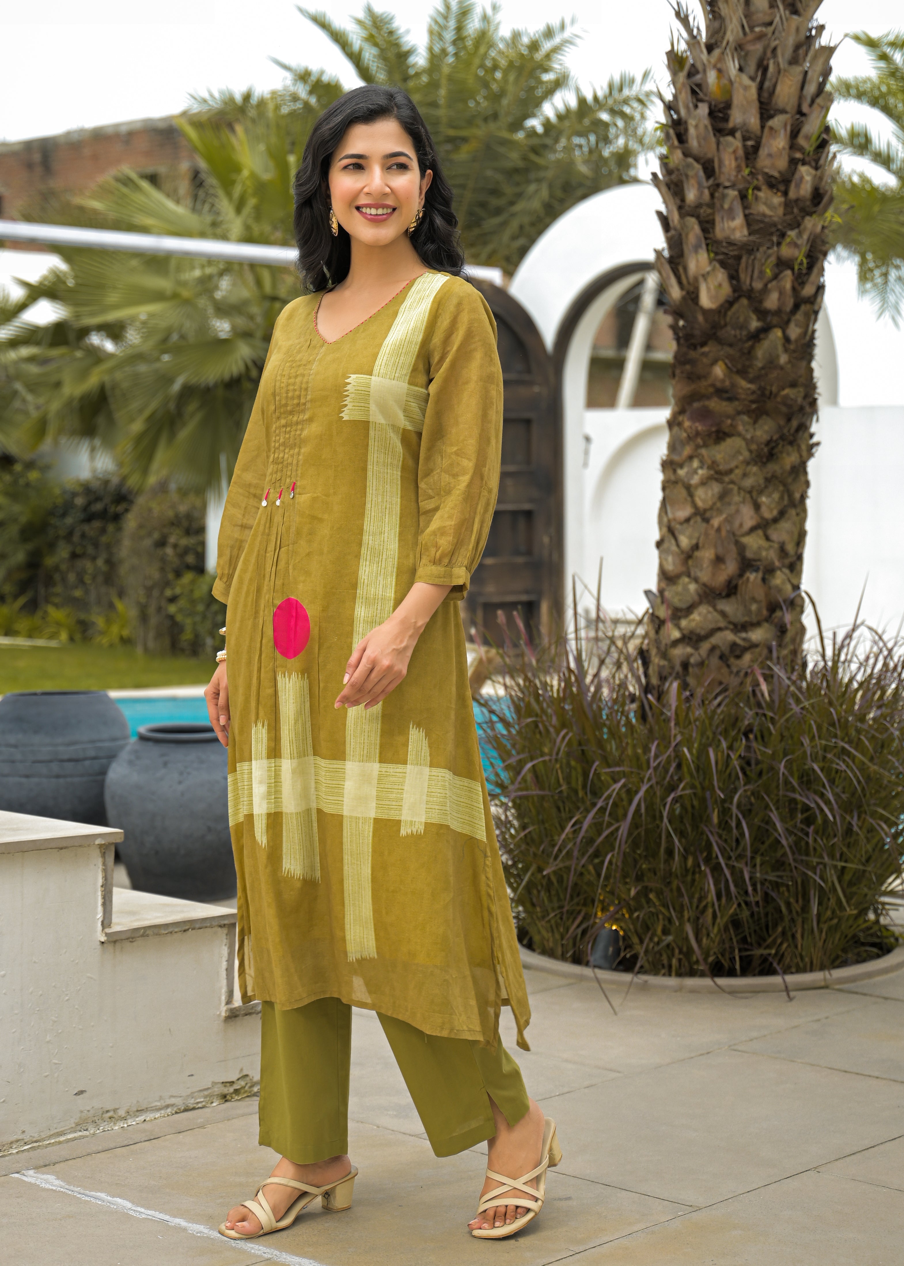 Olive Green Geometric Printed Cotton Kurta Set