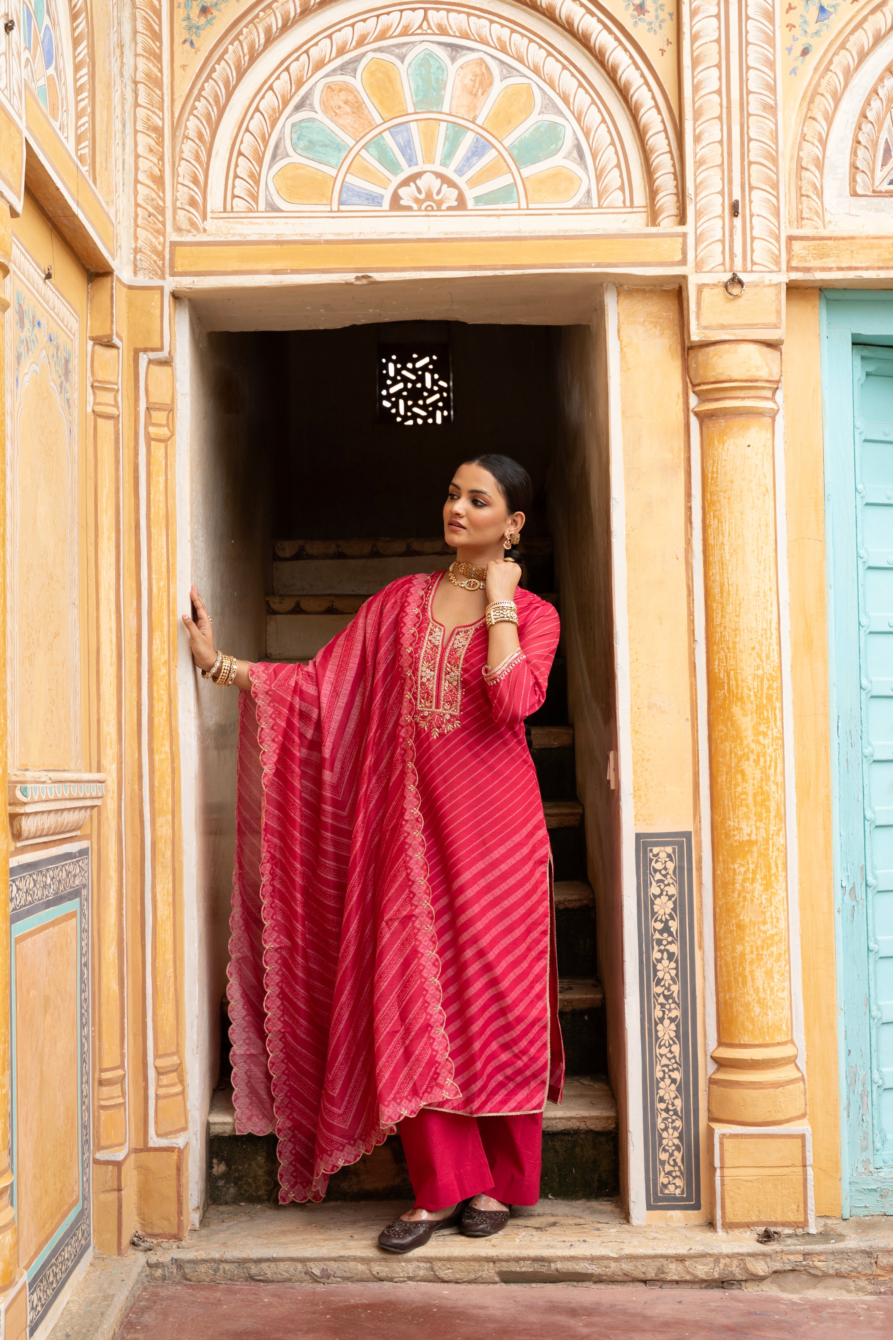 Coral Pink Embellished Chanderi Silk Pant Set